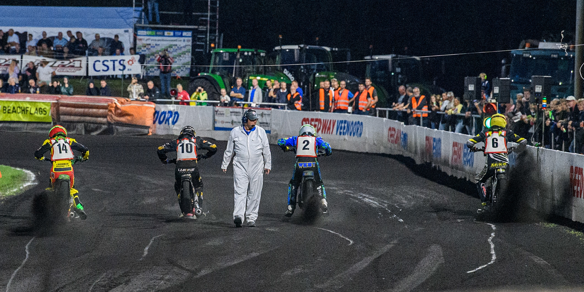 (L to R) Damirs Filimonov of Latvia in Red, Lars Zandvliet of The Netherlands in Blue, Michael West of Australia in White Mika Meijer of The Netherlands in Yellow all leave the start line in Heat 6 during the Golden JOPA Helmet at Sportpark Veenoord, Veenoord, Netherlands on Saturday 21st September 2024. (Photo: Ian Charles | MI News)