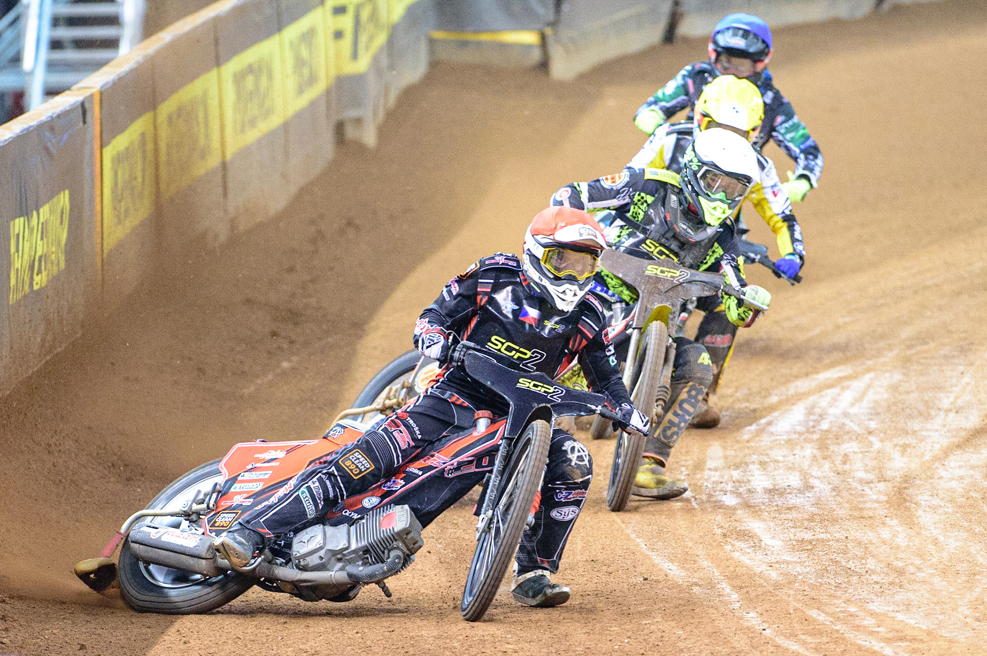 Jan Kvech (Czech Republic)  (Red) leads Casper Henriksson (Sweden)  (White) Wiktor Lampart (Poland) (Yellow) and Jonas Knudsen (Denmark)  (Blue) during the FIM  Speedway Grand Prix  2 of Great Britain at the Principality Stadium, Cardiff on Sunday 14th August 2022. (Credit: Ian Charles | MI News)