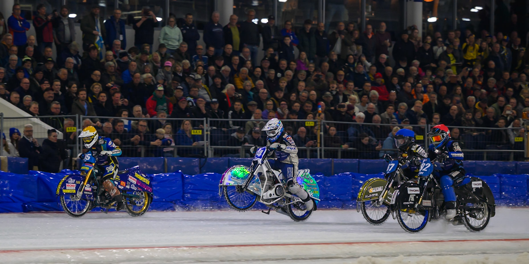 Final Start: (L to R) Luca Bauer (85) of Italy/Germany  in Yellow, Max Koivula (24) of Finland  in White Heikki Huusko (67) of Finland in Blue and Niclas Svensson (192) of Sweden  in Red during the FIM Ice Speedway Gladiators World Championship Final 3 at Ice Rink Thialf, Heerenveen on Saturday 11th April 2026. (Photo: Ian Charles | MI News)