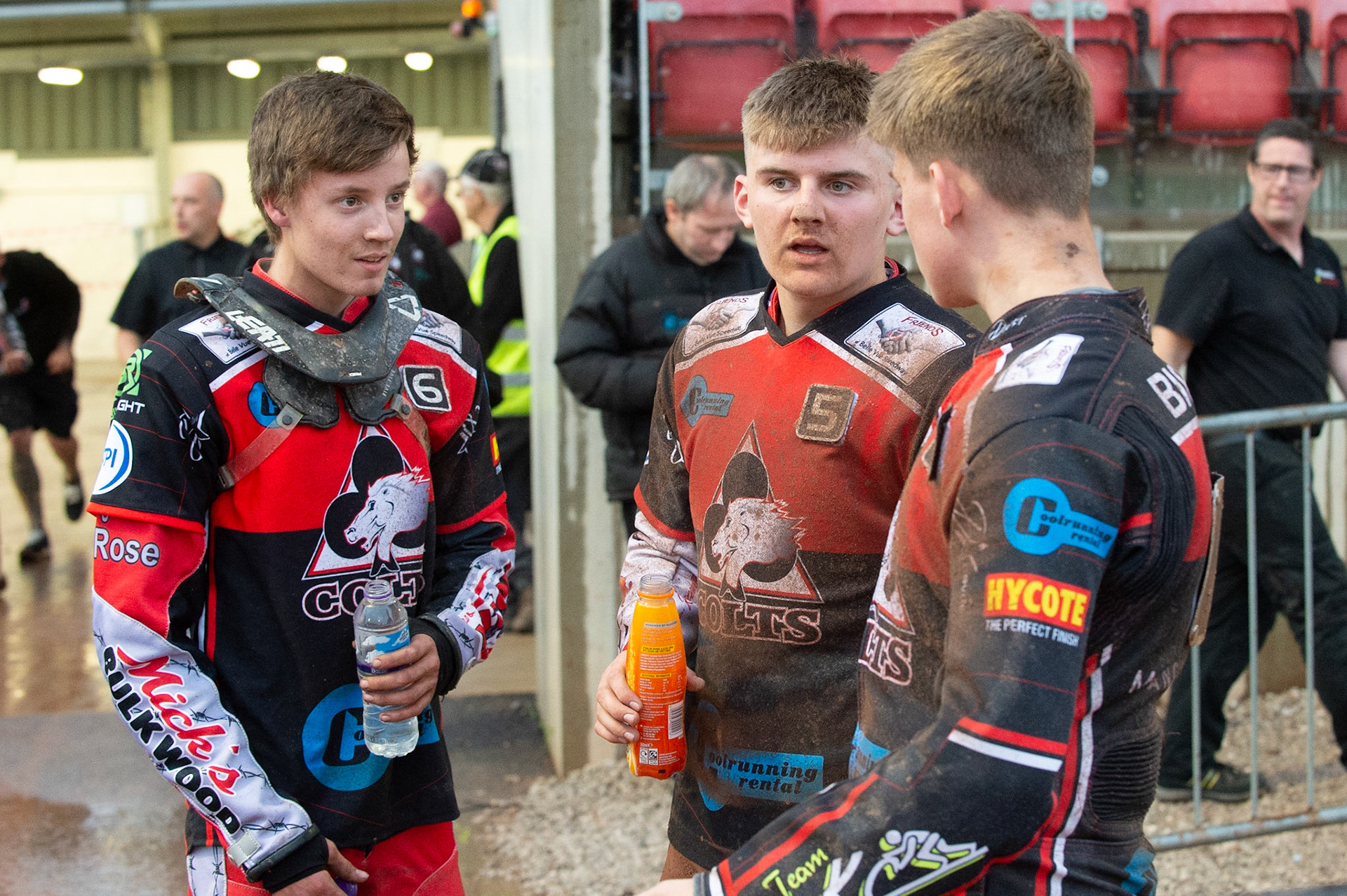 Photo: Ian Charles

(l-r) Connor Bailey, Leon Flint  and Kyle Bickley  discuss conditions

Belle Vue Colts v Kent Kings, SGB National League, Belle Vue National Speedway Stadium, Manchester, Thursday 1  August  2019