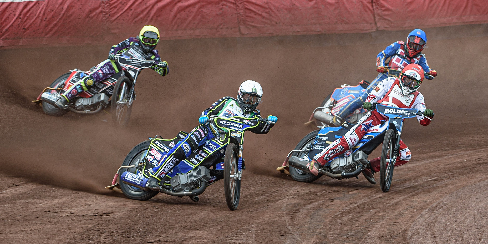 GLASGOW, UK. JUNE 19TH.  Jaimon Lidsey (Australia) (White) leads Rasmus Jensen (Denmark) (Red) Lasse Fredriksen (Norway) (Blue) and Max Ruml (USA) (Yellow) during the FIM Speedway Grand Prix Qualifying Round at the Peugeot Ashfield Stadium, Glasgow on Saturday 19th June 2021. (Credit: Ian Charles | MI News)