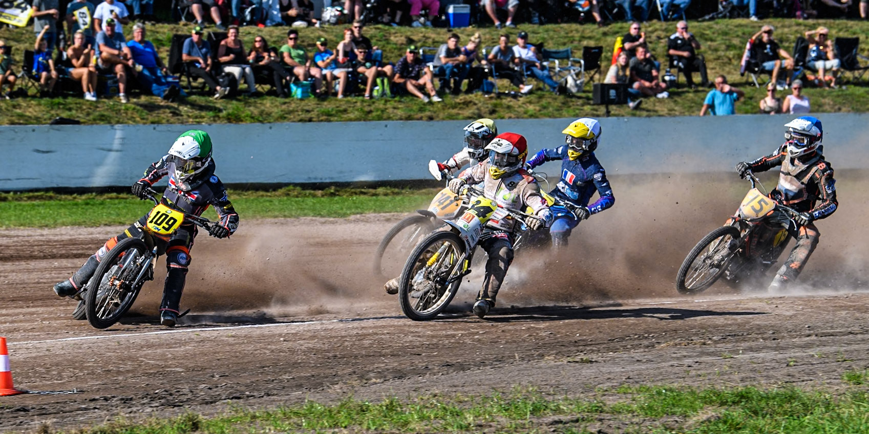 Zach Wajtknecht (109) of Great Britain in Green  leading \Martin Smolinski (84) of Germany in Red Andrew Appleton (141) of Great Britain in Yellow, \Jordan Dubernard (85) of France in White and Henry van der Steen (15) of The Netherlands in Blue during the FIM Long Track World Championship Final 5 at the Speed Centre Roden, Roden, Netherlands on Sunday 22nd September 2024. (Photo: Ian Charles | MI News)