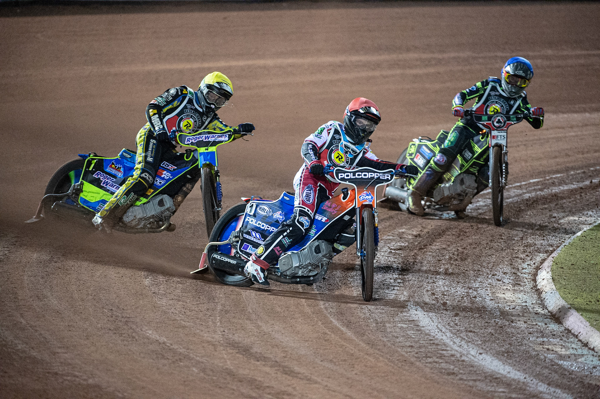 Photo: Ian CharlesBrady Kurtz (Red) leads Troy Batchelor (Yellow) and Jye Etheridge (Blue)Peter Craven Memorial Trophy, National Speedway Stadium, Manchester Thursday  22  October  2020