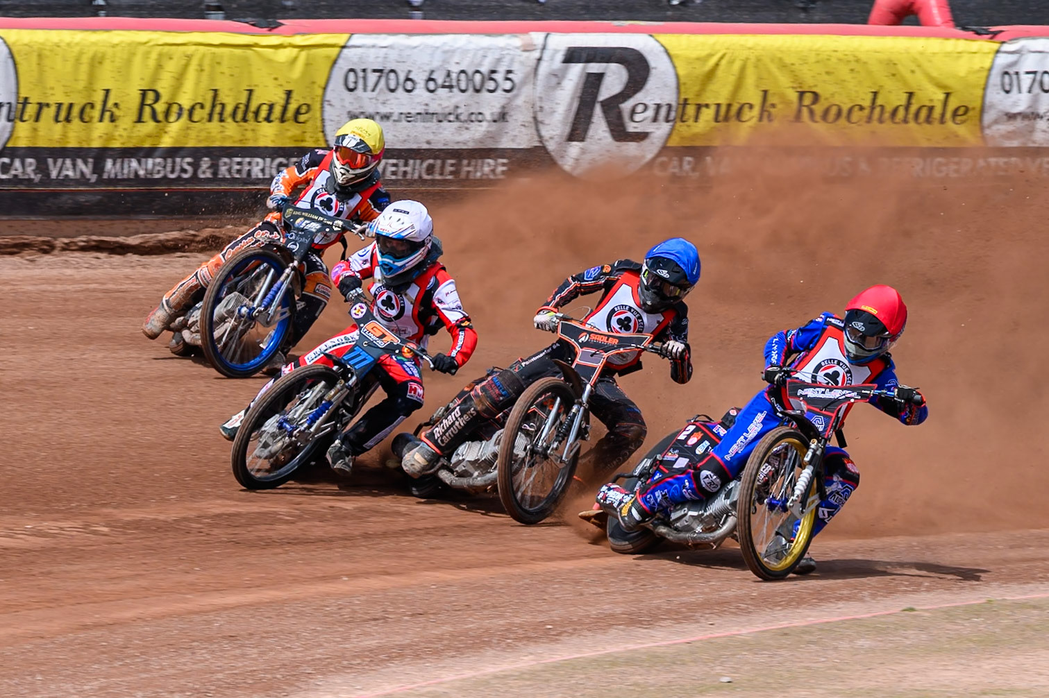 Emerson Betty in Red rides inside Harry Sadler in Blue and Billy Budd in White with Mark Parker in Yellow  behind during the JR Ashworth &amp; Sons Colts Academy Event at the National Speedway Stadium, Manchester on Sunday 19th July 2026. (Photo: Ian Charles | MI News)