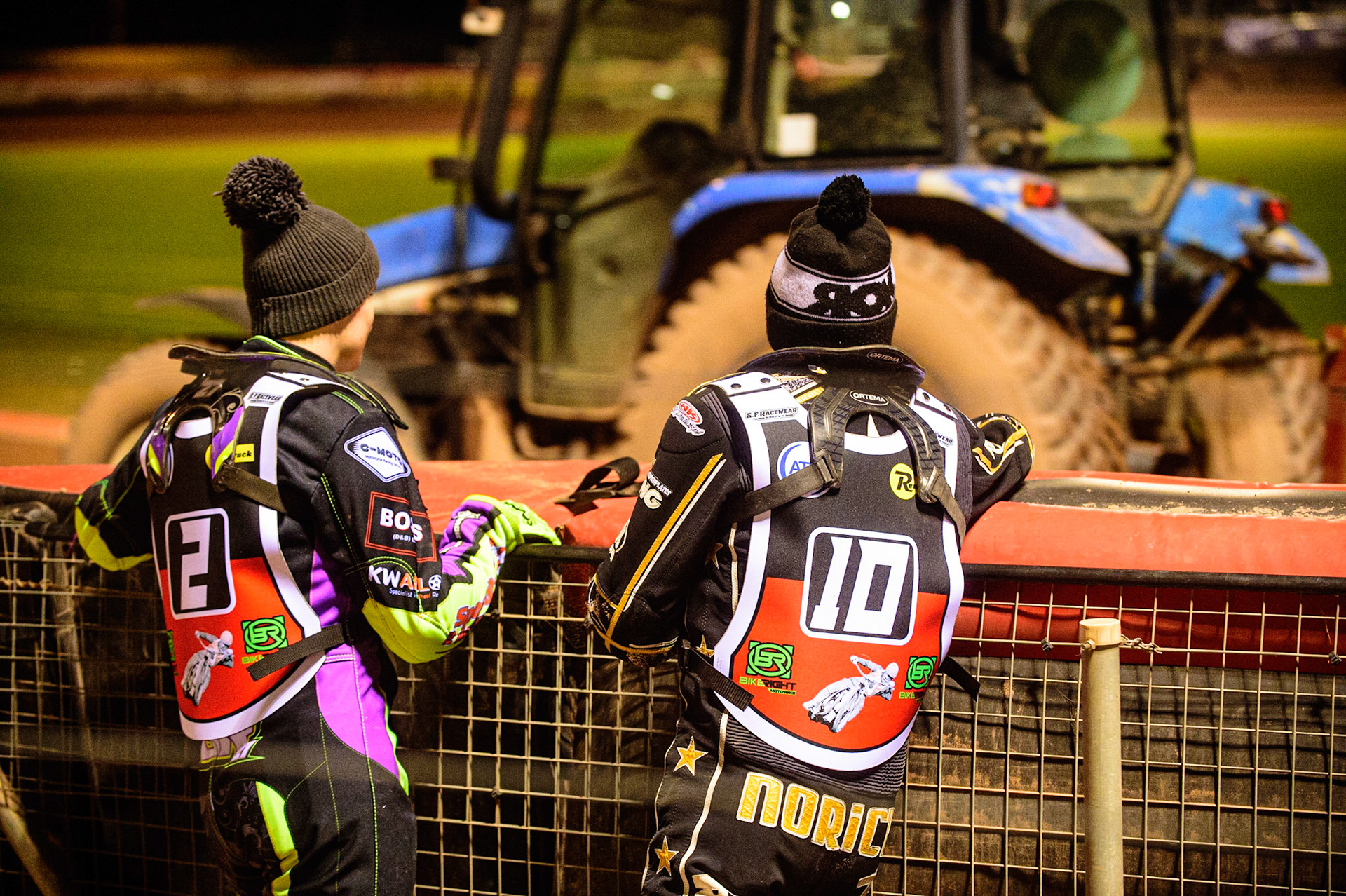 MANCHESTER, UK. OCT 23RD  Tom Brennan  (left) and Nick Blödorn watch the track prep during the Peter Craven Memorial Trophy event at the National Speedway Stadium, Manchester on Saturday 23rd October 2021. (Credit: Ian Charles | MI News)