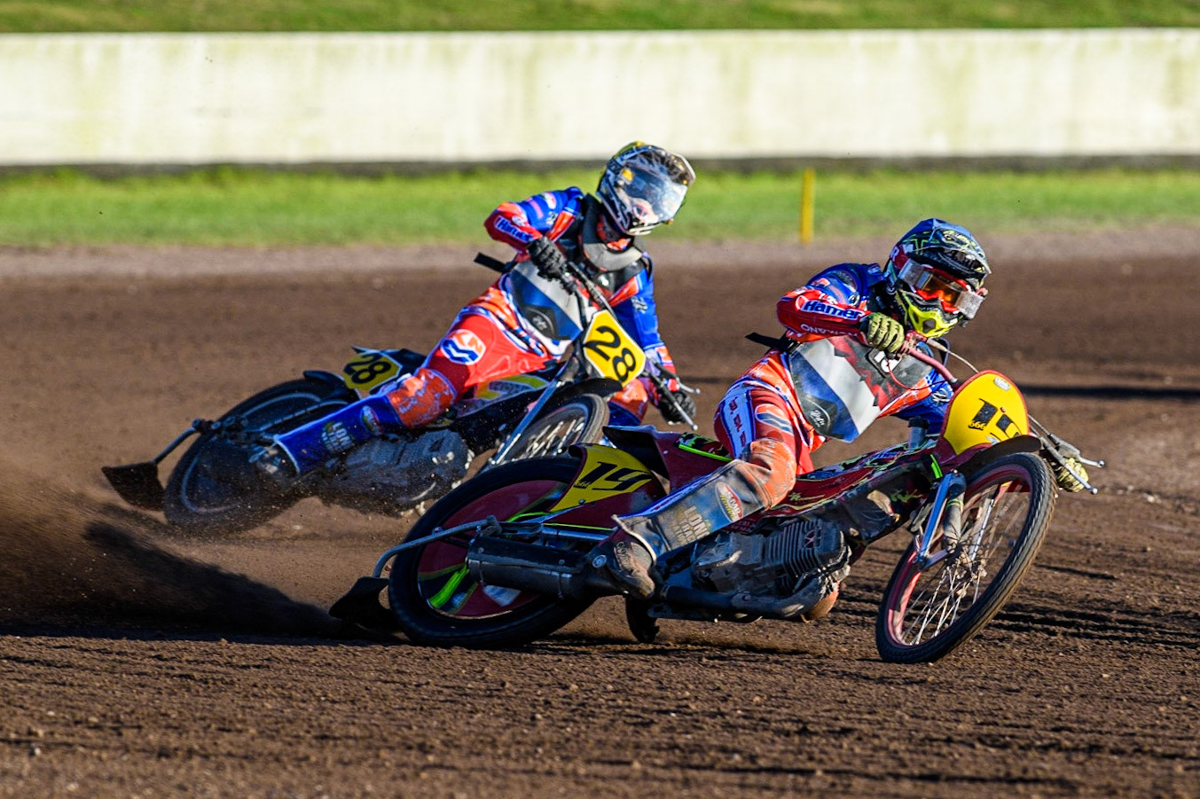 Romano Hummel (Blue) leads  team mate Mika Meijer (Yellow) during the FIM Long Track Of Nations event at the Speed Centre Roden on Sunday 24th September 2023. (Photo: Ian Charles | MI News)