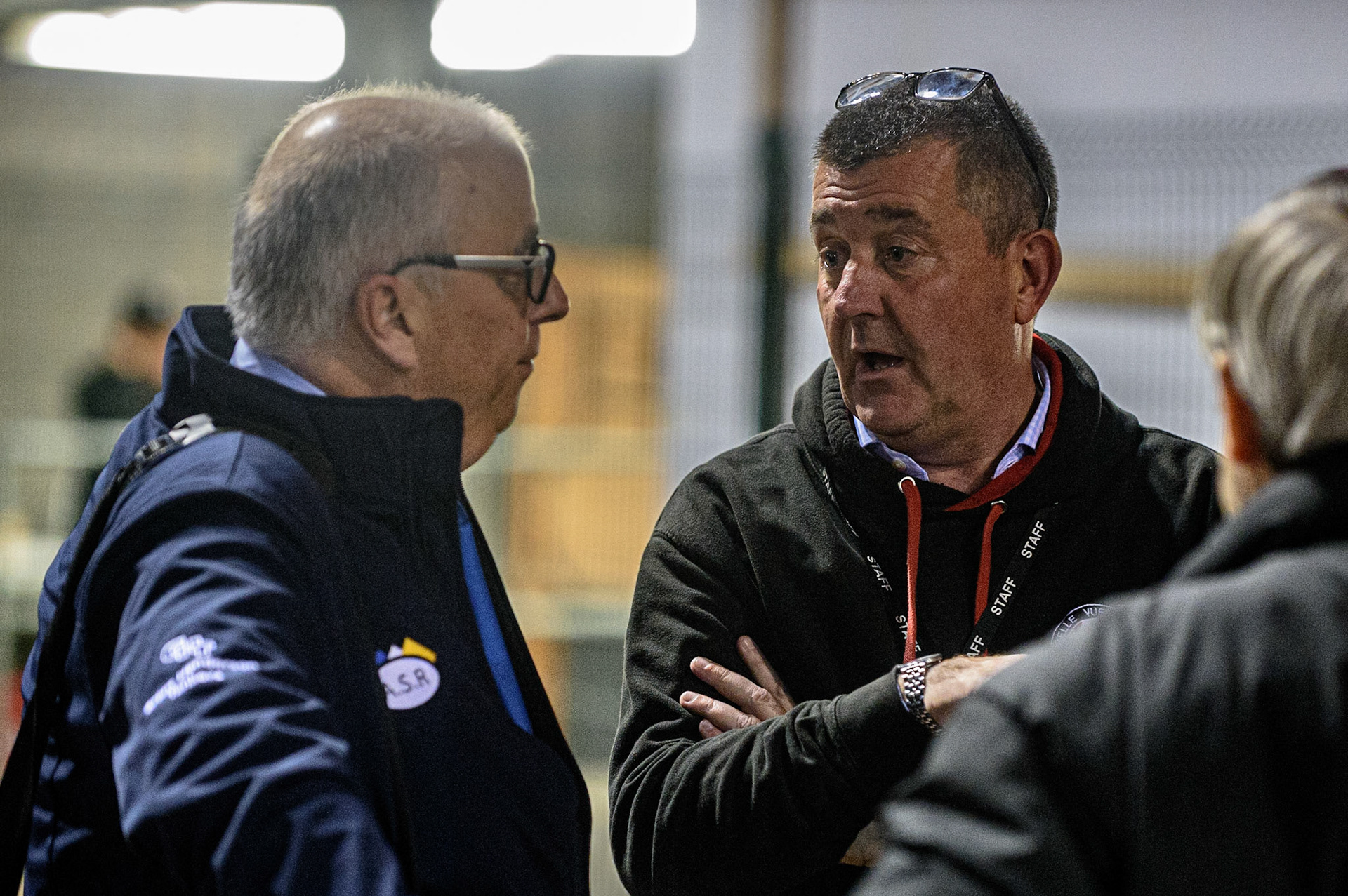 MANCHESTER, UK. OCT 7TH  Referee Phil Griffin (left) with Blue vue CEO Adrian Smith during the SGB Premiership Play off Semi-Final Second Leg between Belle Vue Aces and Sheffield Tigers at the National Speedway Stadium, Manchester on Thursday 7th October 2021. (Credit: Ian Charles | MI News)