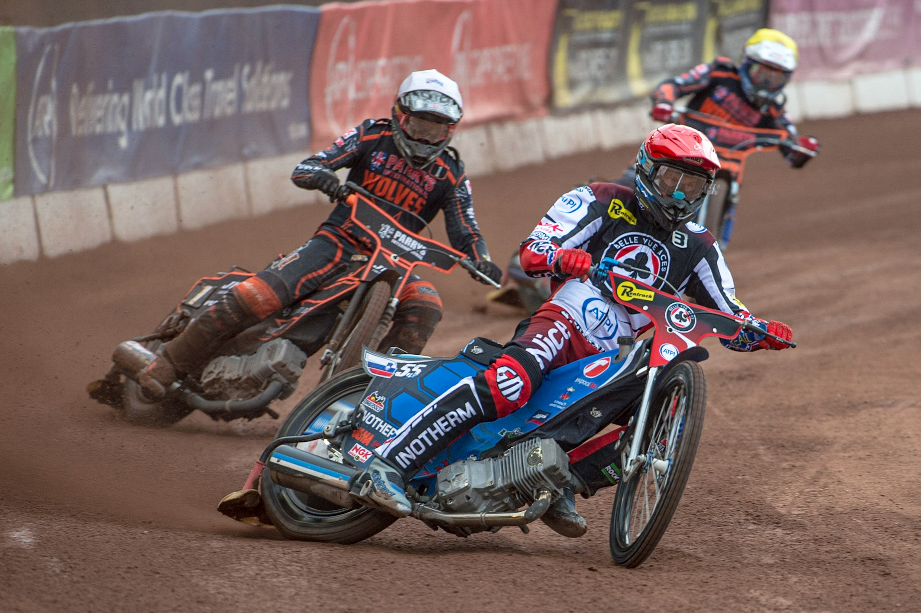 MANCHESTER, UK. JUN 13TH Matej Zagar  (Red) leads Sam Masters  (White) and Steve Worrall  (Yellow) during the SGB Premiership match between Belle Vue Aces and Wolverhampton  Wolves at the National Speedway Stadium, Manchester on Monday 13th June 2022. (Credit: Ian Charles | MI News)