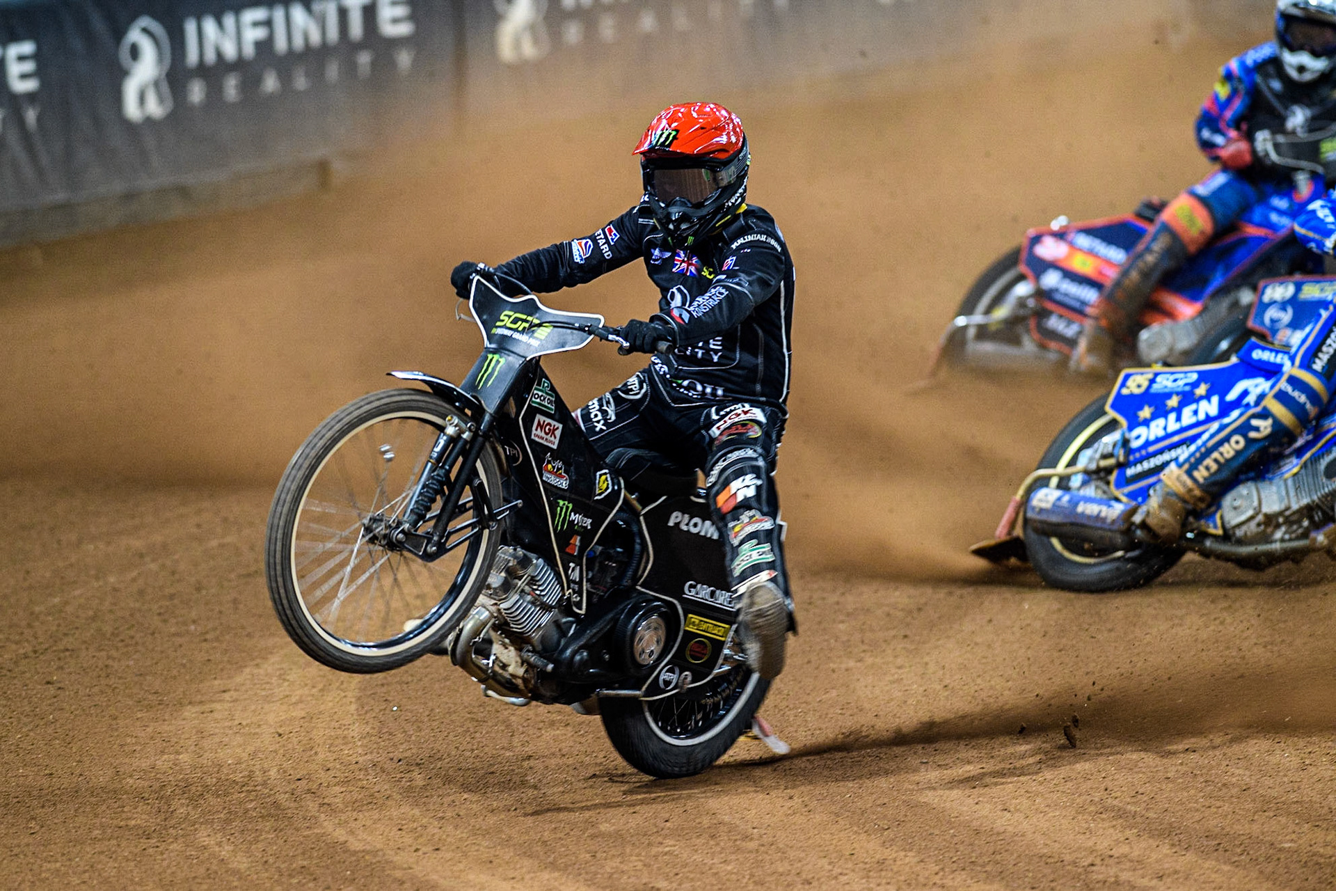 Tai Woffinden (108) (Red) picks up some drive and crashes whilst leading Heat 16 during the FIM Speedway Grand Prix of Great Britain at the Principality Stadium, Cardiff on Saturday 2nd September 2023. (Photo: Ian Charles | MI News)