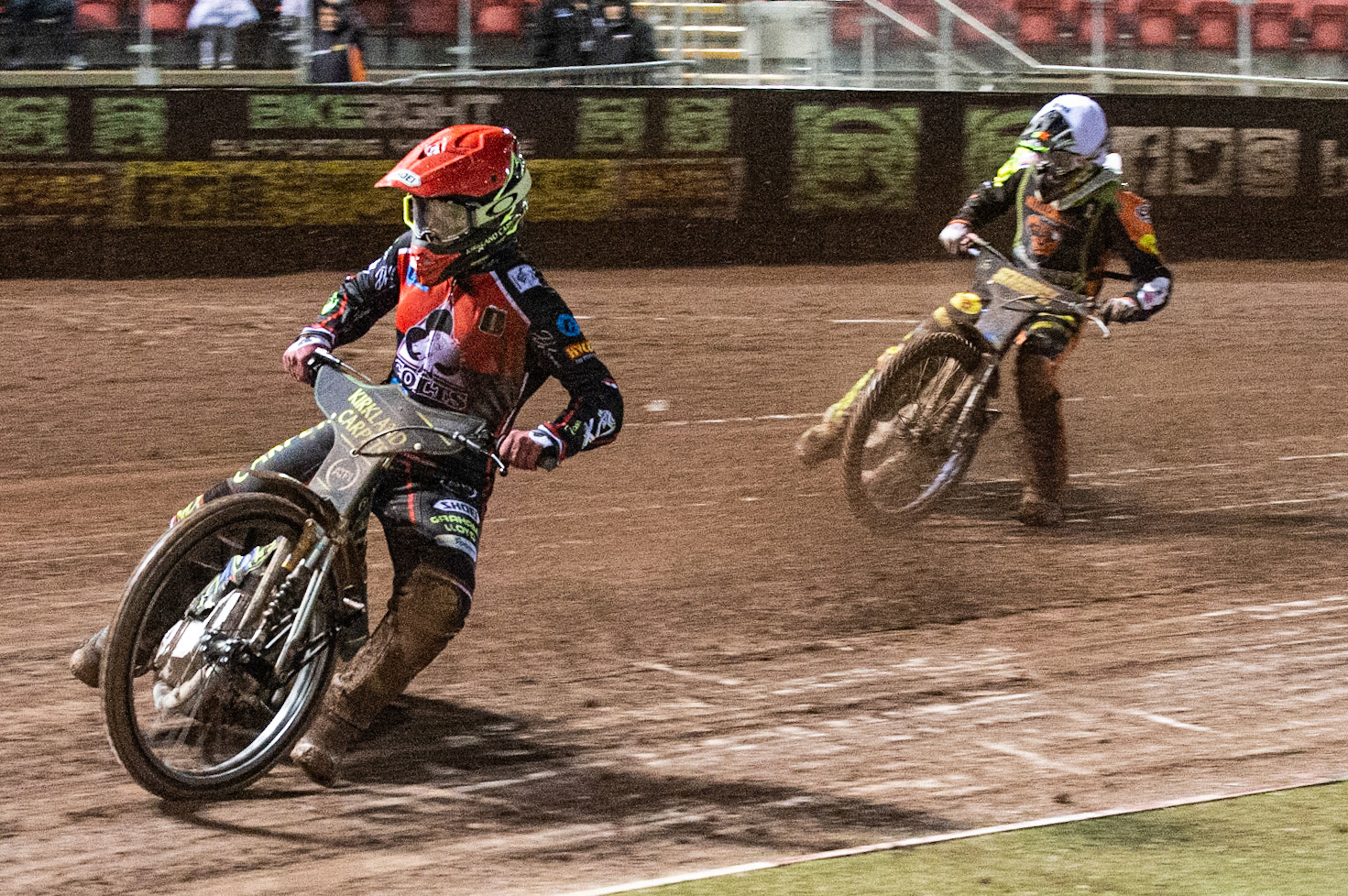 Photo: Ian Charles

Kyle Bickley  (Red) leads Ryan Kinsley  (White)

Belle Vue Colts v Mildenhall Fen Tigers, National League, Belle Vue National Speedway Stadium, Manchester, Monday 2  September  2019