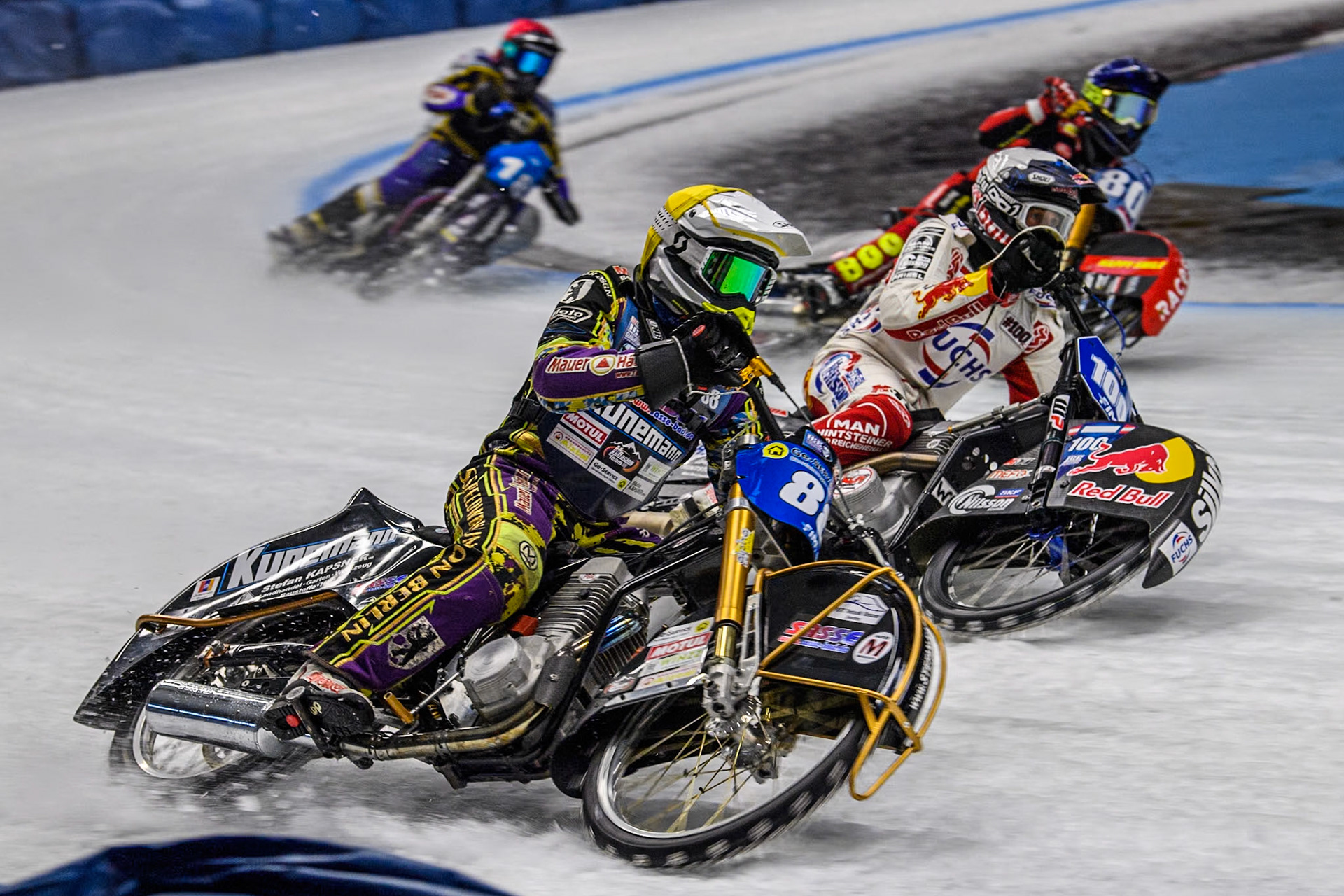 Germany's Max Niedermaier (88) (Yellow) outside Austria's Franz Zorn (100) (White) and Netherlands' Jasper Iwema (800) (Blue) with Germany's Christoph Kirchner (18) (Red) behind during the FIM Ice Speedway Gladiators World Championship Final 2 at the Max-Aicher-Arena, Inzell on Sunday 24 March 2024. (Photo: Ian Charles | MI News)