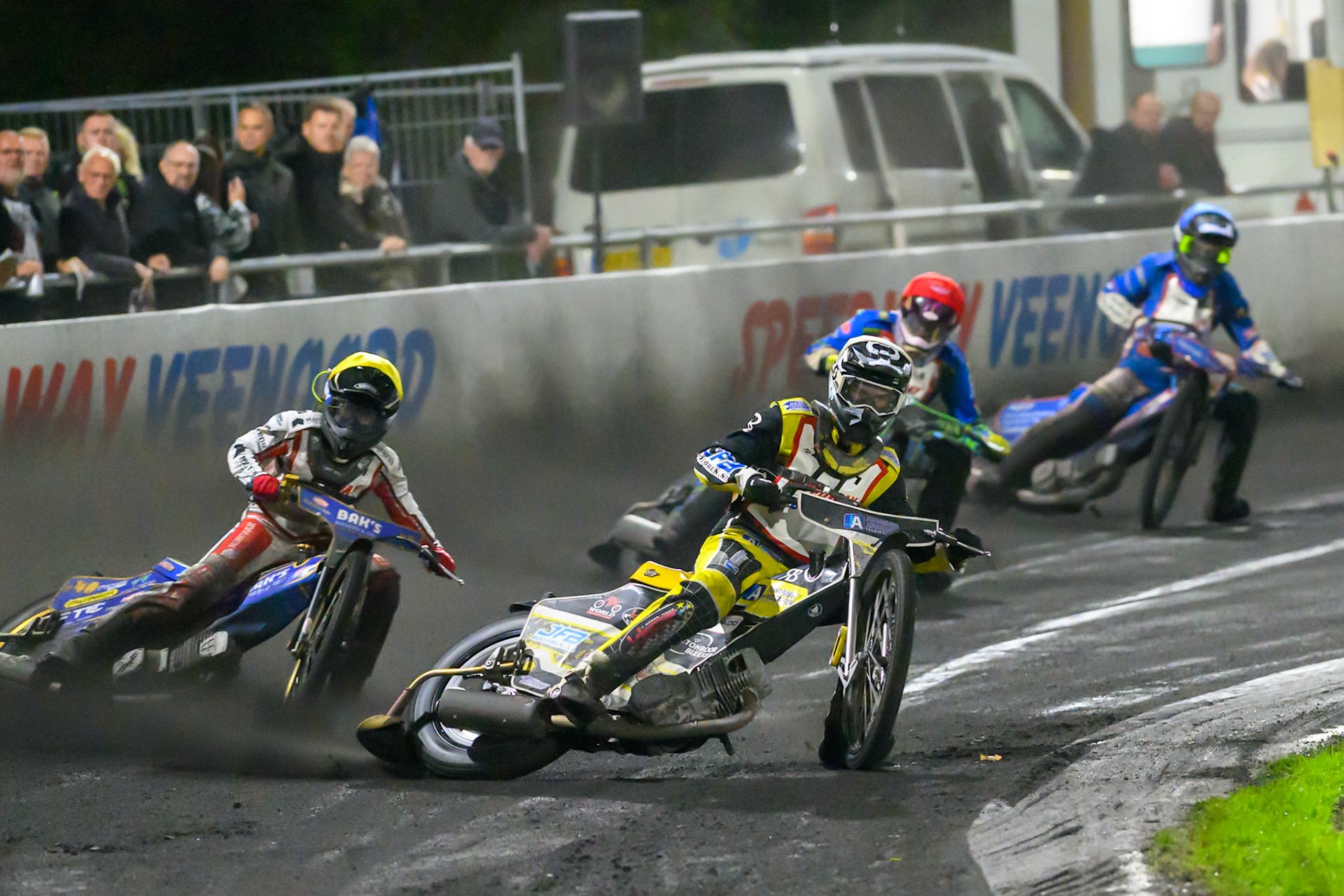 Mika Meijer of The Netherlands in White leading Jacob D. Jensen of Denmark in Yellow , Michael West of Australia in Red  and Truis Kamhaug of Norway in Blue during the Gouden KENNY Helm at Speedway Veenoord, Veenoord in the Netherlands on Saturday 19th September 2026. (Photo: Ian Charles | MI News)