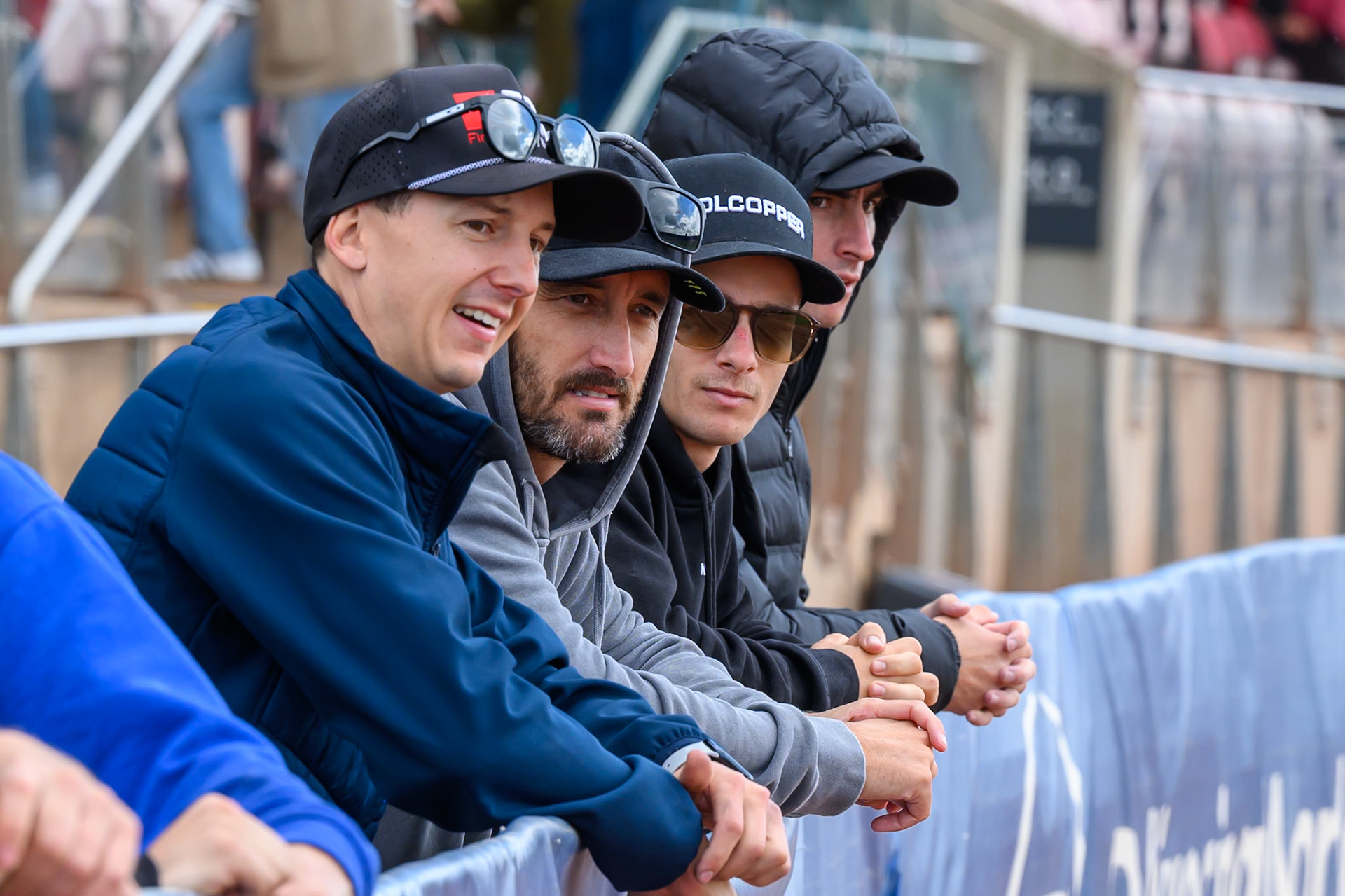 (L to R) Jye Etheridge of Sheffield Tigers, Chris Holder of Sheffield Tigers, Ben Cook, Guest Rider for Sheffield Tigers  and Zach Cook of Belle Vue Aces  watch the track work before the rain off during the Rowe Motor Oil Premiership match between Belle Vue Aces and Sheffield Tigers at the National Speedway Stadium, Manchester on Monday 31st August 2026. (Photo: Ian Charles | MI News)