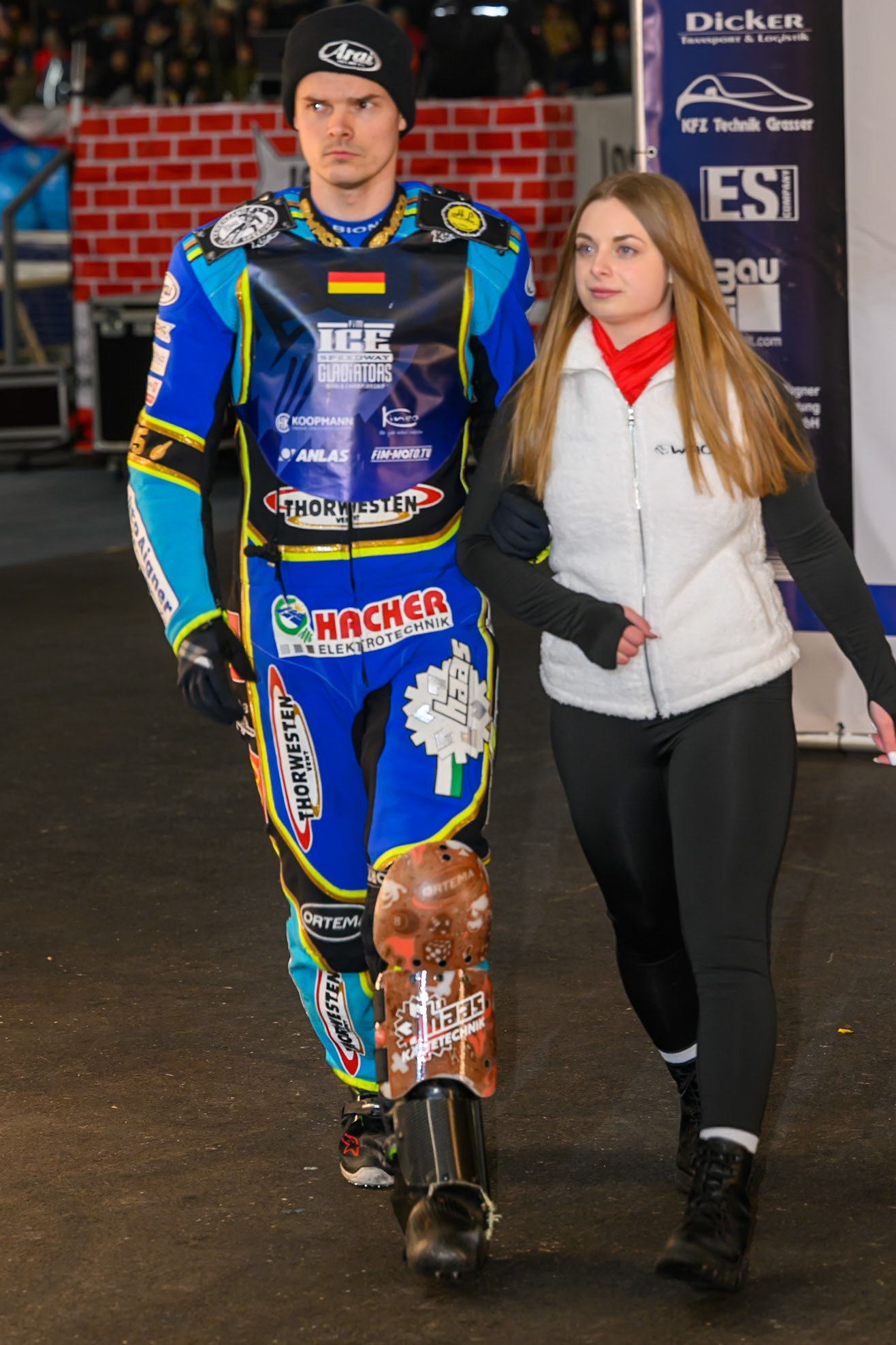 Luca Bauer (85) of Italy/Germany is accompanied by a start girl  during the Ice Speedway Gladiators World Championship Final 2 at Max-Aicher-Arena, Inzell on Sunday 15th March 2026. (Photo: Ian Charles | MI News)