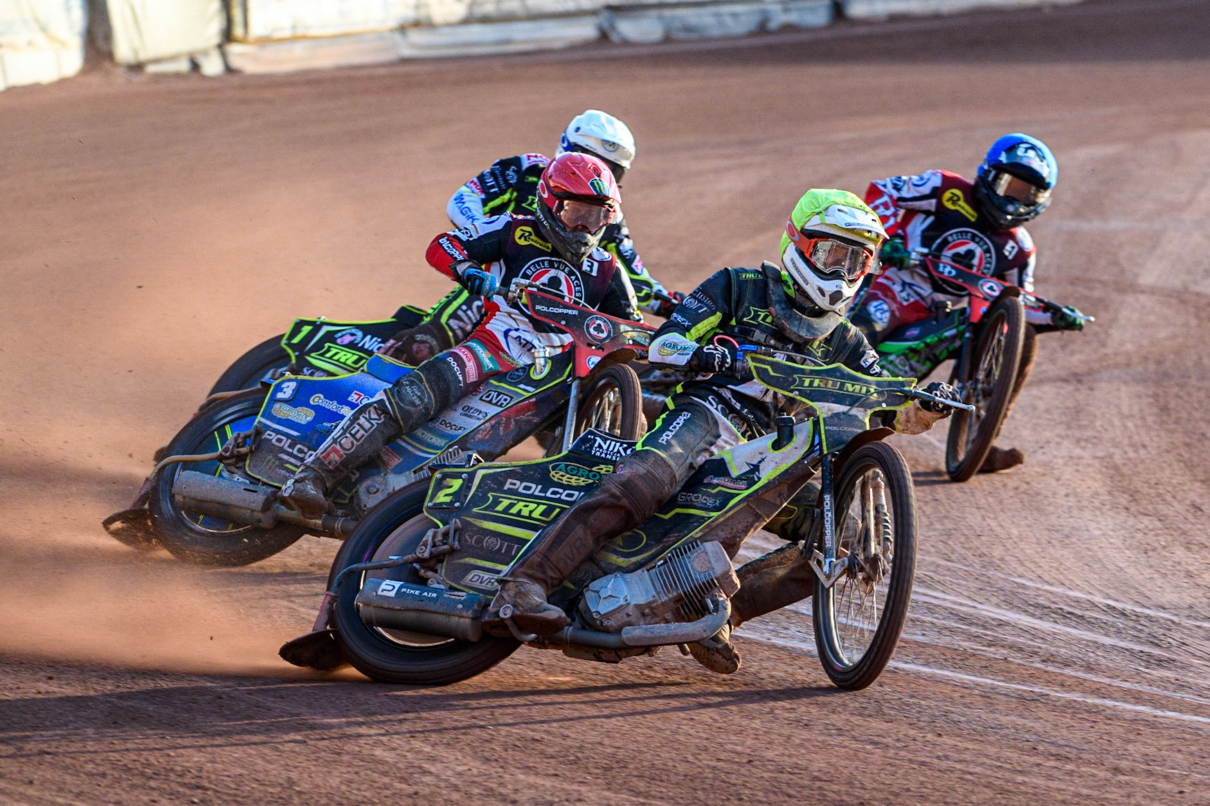 Keynan Rew (Yellow) leads Jaimon Lidsey (Red), Emil Sayfutdinov (White) and Charles Wright (Blue) during the Sports Insure Premiership match between Belle Vue Aces and Ipswich Witches at the National Speedway Stadium, Manchester on Monday 17th July 2023. (Photo: Ian Charles | MI News)