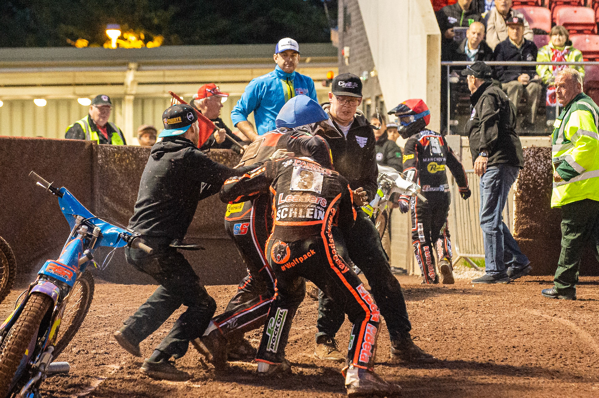 Photo by Ian Charles:

A scuffle breaks out between Rory Schlein  and Steve Worrall  after heat 10 

Belle Vue Aces v Wolverhampton Wolves, SGB Premiership, National Speedway Stadium, Manchester, Monday, 19, August, 2019