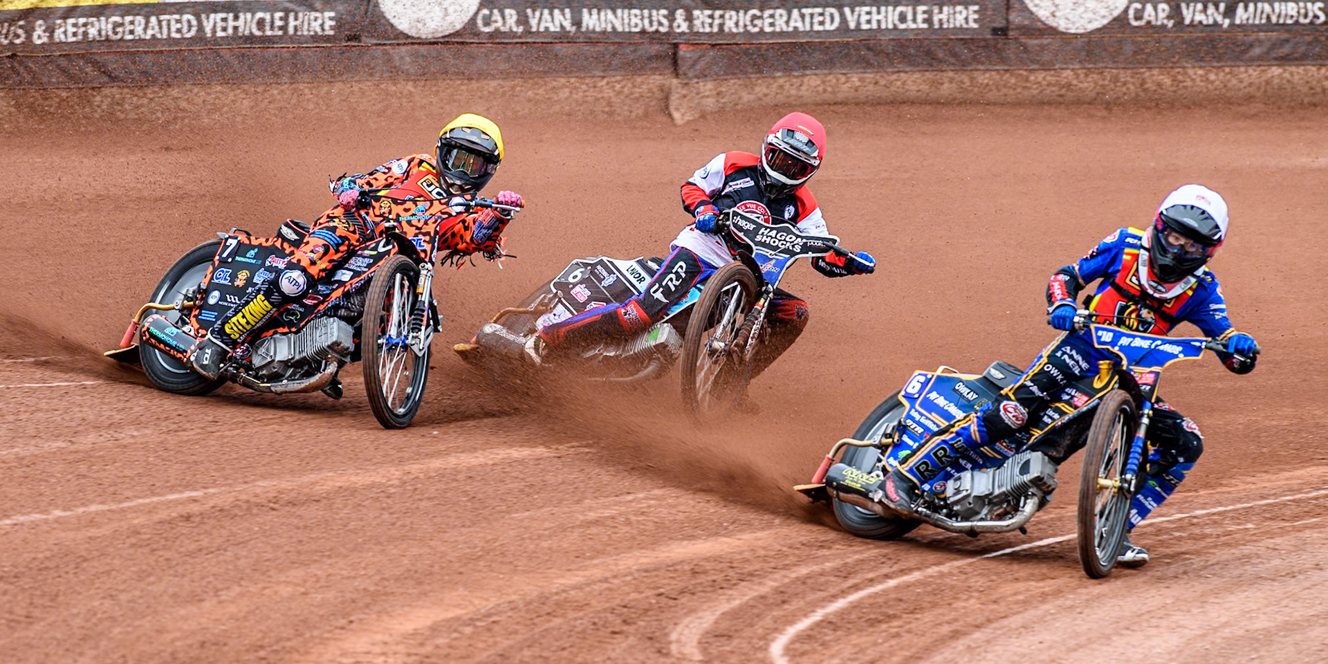 Leicester Lion Cubs' Ryan Ingram  in White leading Leicester Lion Cubs' Cooper Rushen in Yellow and Belle Vue Colts' Harry Fletcher in Red during the WSRA National Development League match between Belle Vue Colts and Leicester Lion Cubs at the National Speedway Stadium, Manchester on Friday 18th April 2025. (Photo: Ian Charles | MI News)
