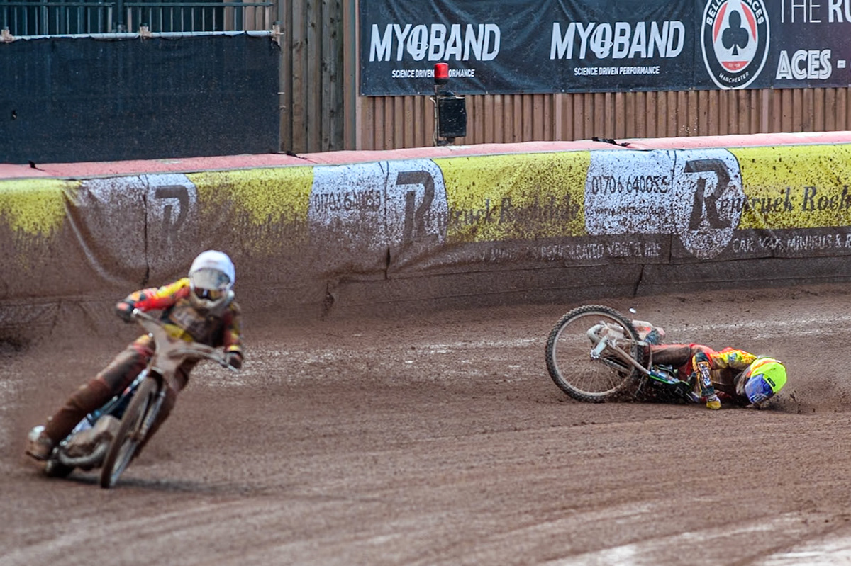 Leicester Lion Cubs' Vinnie Foord is a faller during the WSRA  National Development League match between Belle Vue Colts and Leicester Lion Cubs at the National Speedway Stadium, Manchester on Friday 29th March 2024. (Photo: Ian Charles | MI News)