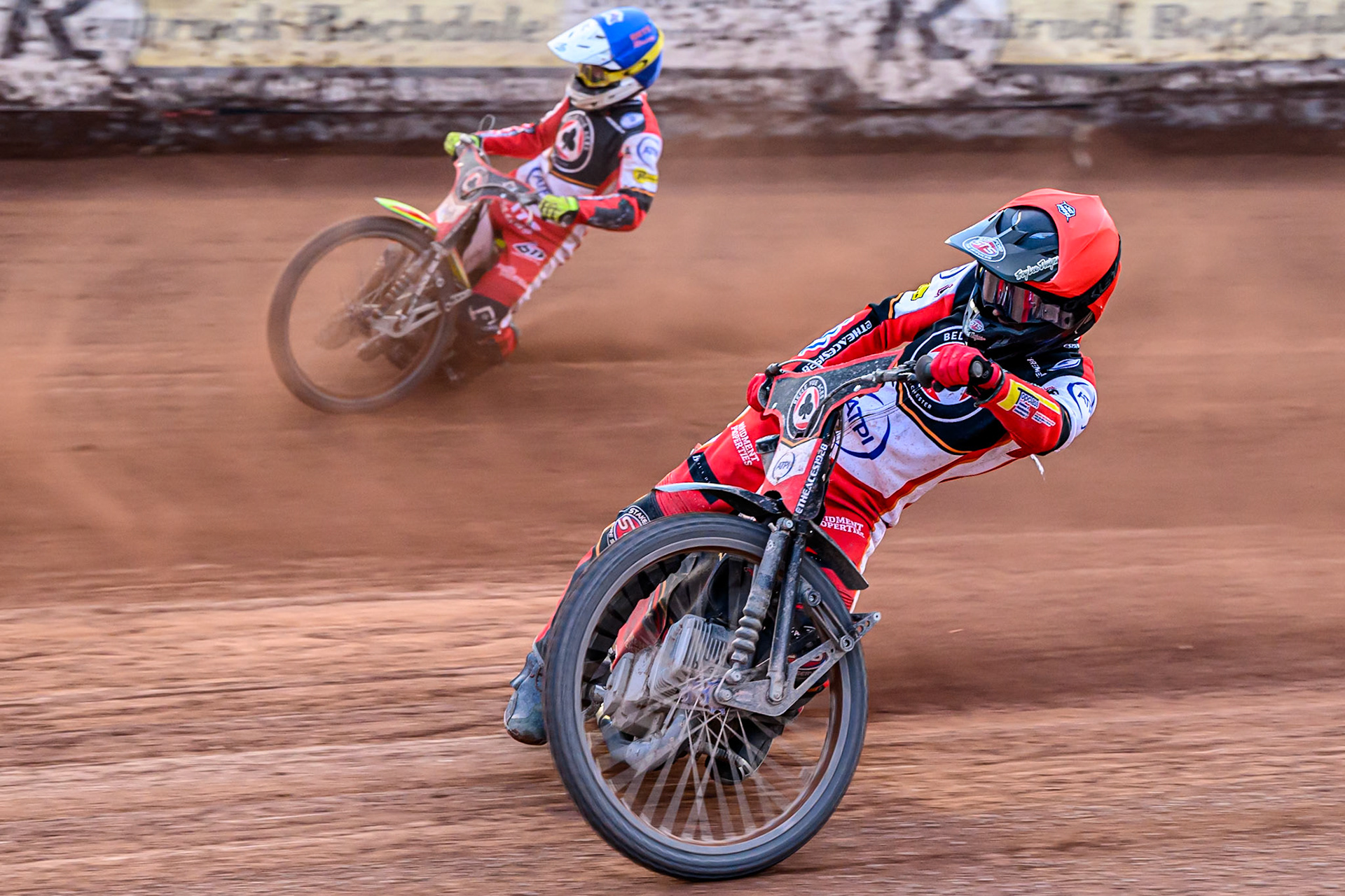 Belle Vue Aces' Zach Cook  in Red rides inside Belle Vue Aces' Tate Zischke  in Blue during the Rowe Motor Oil Premiership match between Belle Vue Aces and Ipswich Witches at the National Speedway Stadium, Manchester on Monday 30th June 2025. (Photo: Ian Charles | MI News)
