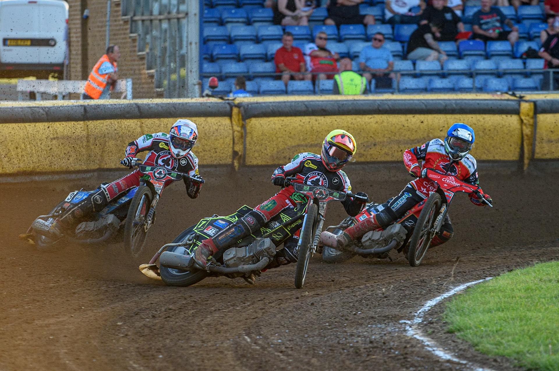 PETERBOROUGH, UK. JULY 19TH  Jye Etheridge  (Yellow) leads Steve Worrall  (White) and Chris Harris  (Blue) during the SGB Premiership match between Peterborough and Belle Vue Aces at East of England Showground, Peterborough on Monday 19th July 2021. (Credit: Ian Charles | MI News)
