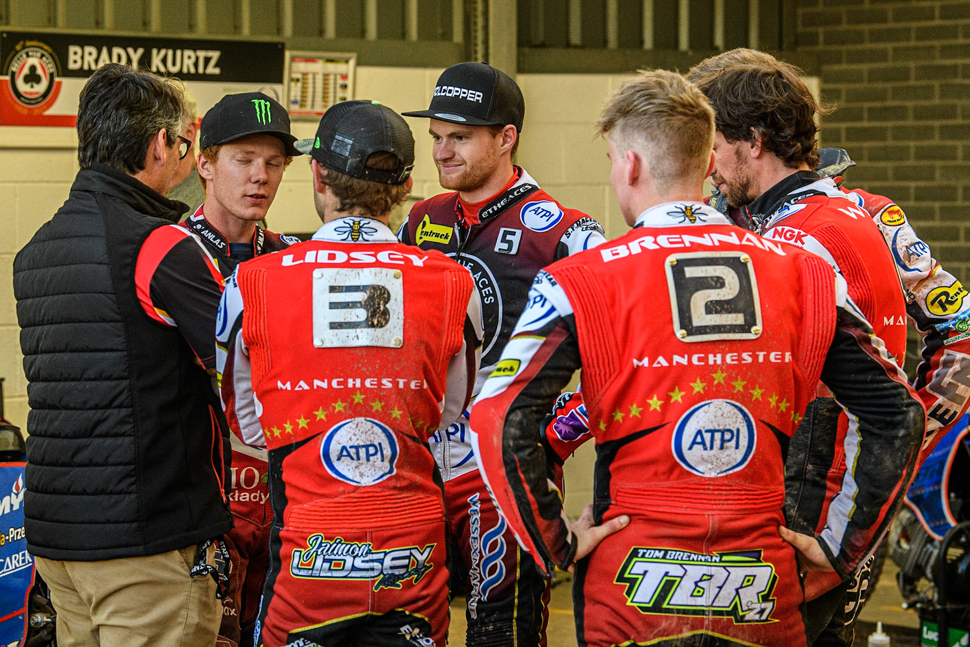 Aces team huddle during the Sports Insure Premiership match between Belle Vue Aces and Ipswich Witches at the National Speedway Stadium, Manchester on Monday 5th June 2023. (Photo: Ian Charles | MI News)