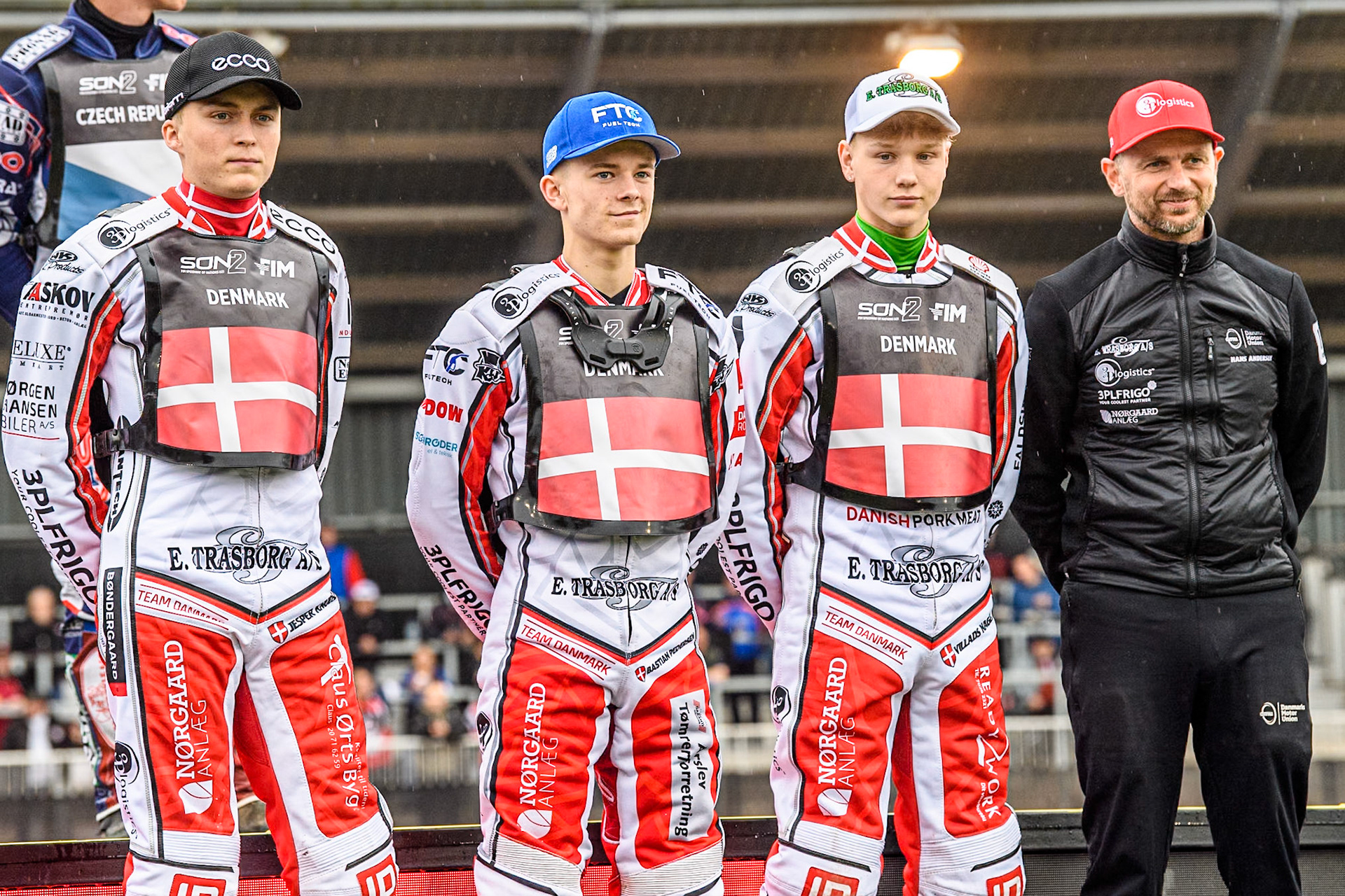 DENMARK: (L to R) Jesper Knudsen, Bastian Pedersen, Villads Nagel and Danish Joint Team manager, Hans Andersen during the Monster Energy FIM Speedway of Nations 2 (Under 21) Final at the National Speedway Stadium, Manchester on Friday 12th July 2024. (Photo: Ian Charles | MI News)