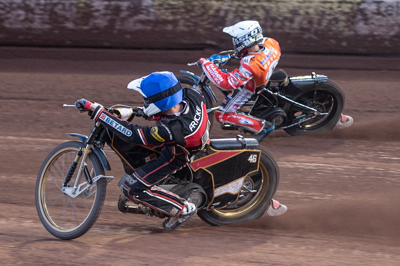 Photo: Ian Charles

Max Fricke  (Blue) inside Jason Doyle  (White)

Belle Vue Aces v Swindon Robins, British Speedway Premiership, Belle Vue National Speedway Stadium, Manchester, Monday 20  May  2019