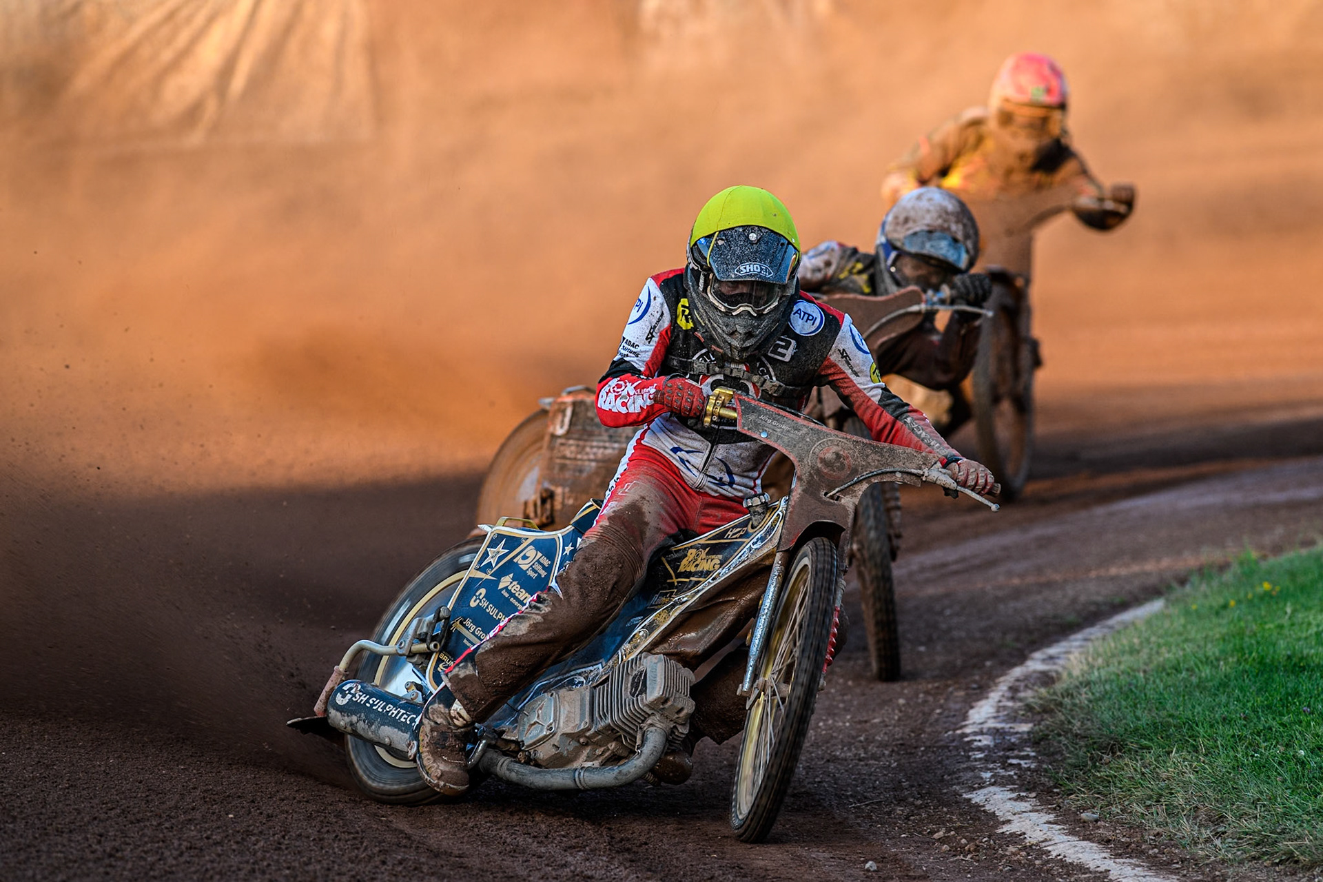 Belle Vue Aces' Norick Blodorn in Yellow leading Belle Vue Aces' Brady Kurtz in White and Birmingham Brummies' Freddie Lindgren in Red during the Rowe Motor Oil Premiership match between Birmingham Brummies and Belle Vue Aces at Perry Bar Stadium, Birmingham on Monday 29th July 2024. (Photo: Ian Charles | MI News)