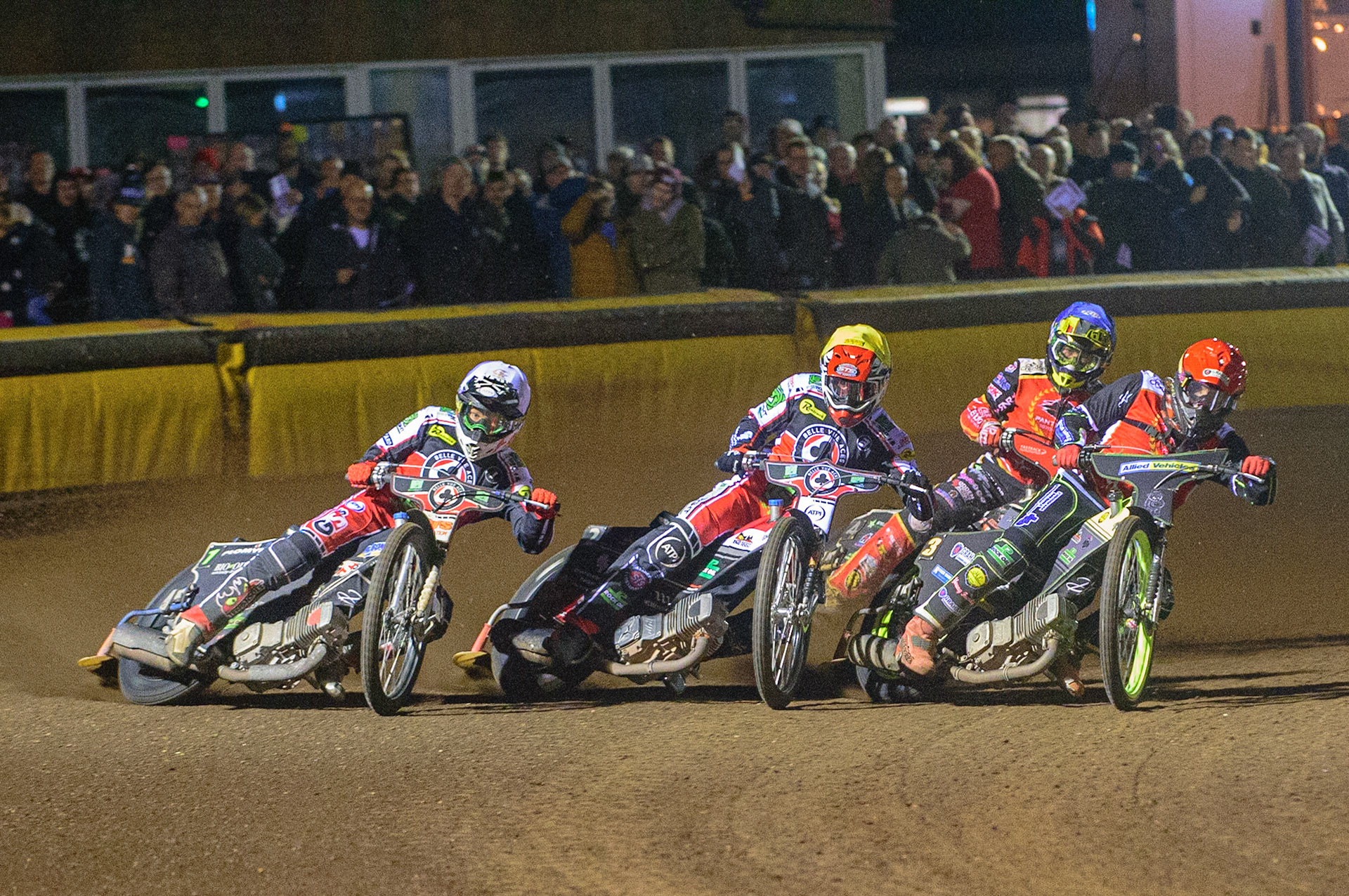 PETERBOROUGH, UK. OCT 14TH Craig Cook (Red) inside Richie Worrall  (Yellow) and Dan Bewley  (White) with Scott Nicholls  (Blue) behind during the SGB Premiership Grand Final 2nd leg between Peterborough and Belle Vue Aces at East of England Showground, Peterborough on Thursday 14th October 2021. (Credit: Ian Charles | MI News)