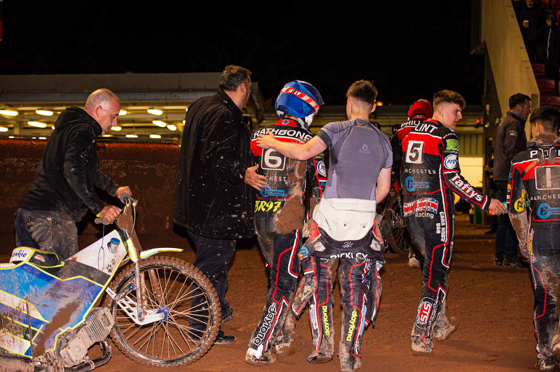 Photo: Ian Charles

Ben Rathbone is congratulated by  his team matesafter his last gasp pass to get third place in heat 14

Belle Vue Colts v Kent Kings, SGB National League Play Offs, Semi Final 1st Leg, Belle Vue National Speedway Stadium, Manchester, Friday 4  October  2019