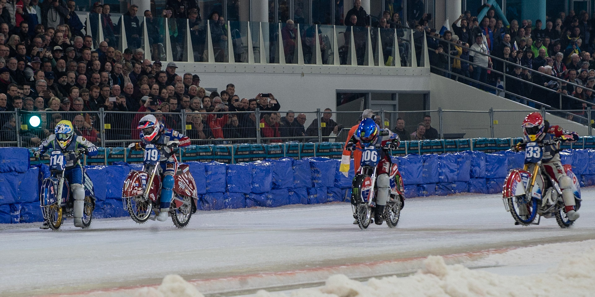 Photo: Ian Charles

Saturday Final Start: (l-r) Dinar Valeev (114), Dmitri Khomitsevich (919), Dmitri Koltakov (106) and Danil Ivanov (333)

FIM Ice Speedway Gladiators World Championship, Event 5.1, Ice Rink Thialf, Heerenveen, Netherlands Saturday  30  March  2019