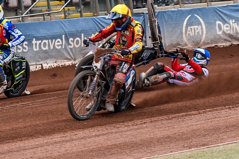 Belle Vue Colts' Billy Budd rears at the start between Leicester Lion Cubs' Guest Rider Darryl Ritchings in White and Leicester Lion Cubs' Sonny Springer in Yellow during the WSRA National Development League match between Belle Vue Colts and Leicester Lion Cubs at the National Speedway Stadium, Manchester on Friday 18th April 2025. (Photo: Ian Charles | MI News)