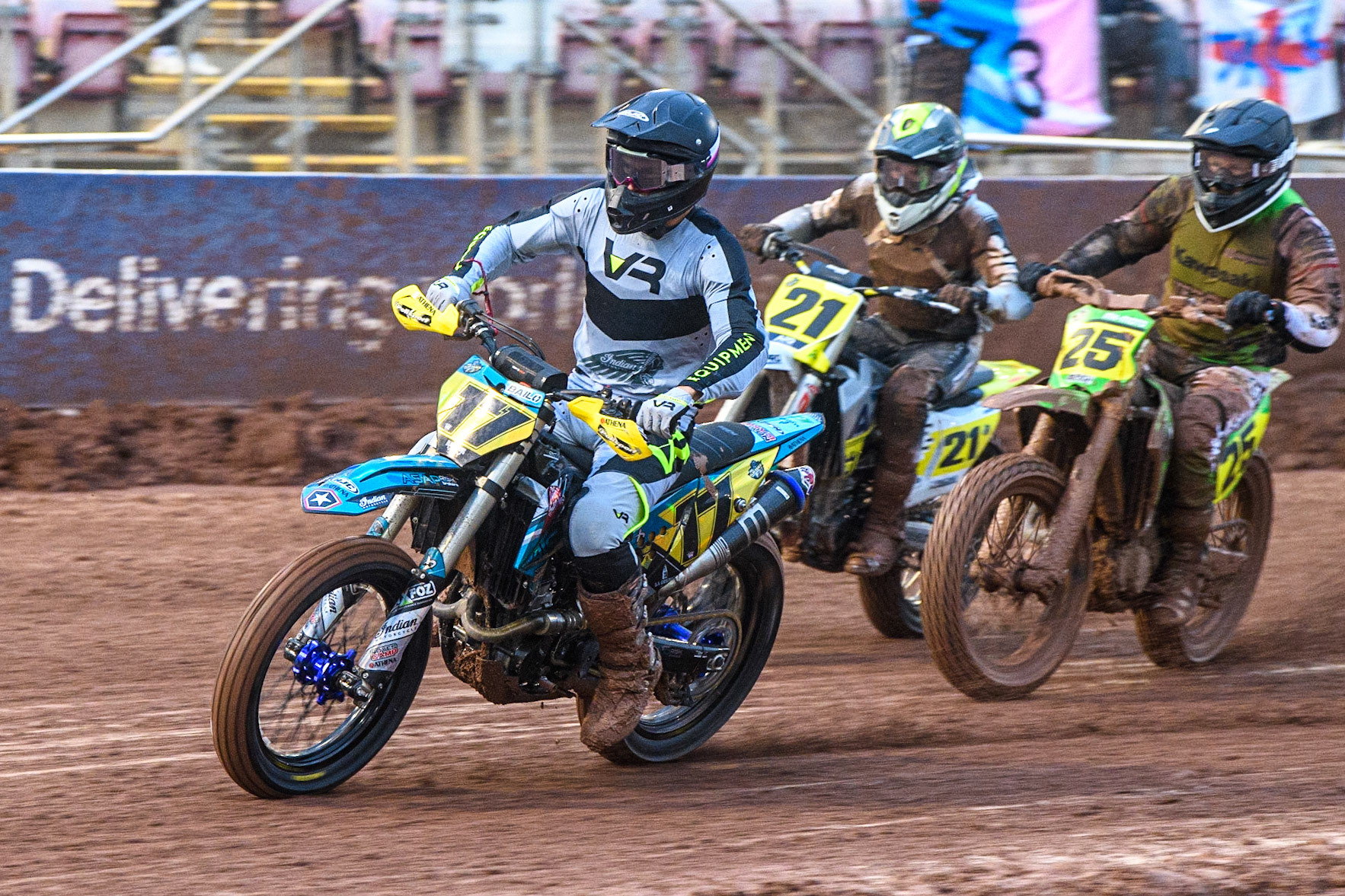 Gerard Bailo (17) from Spain leads Jarred Brook (21) from Australia and Klaus Mayr (25) from Austria during the FIM World Flat Track Championship Round 1 at the National Speedway Stadium, Manchester on Saturday 5th August 2023. (Photo: Ian Charles | MI News)