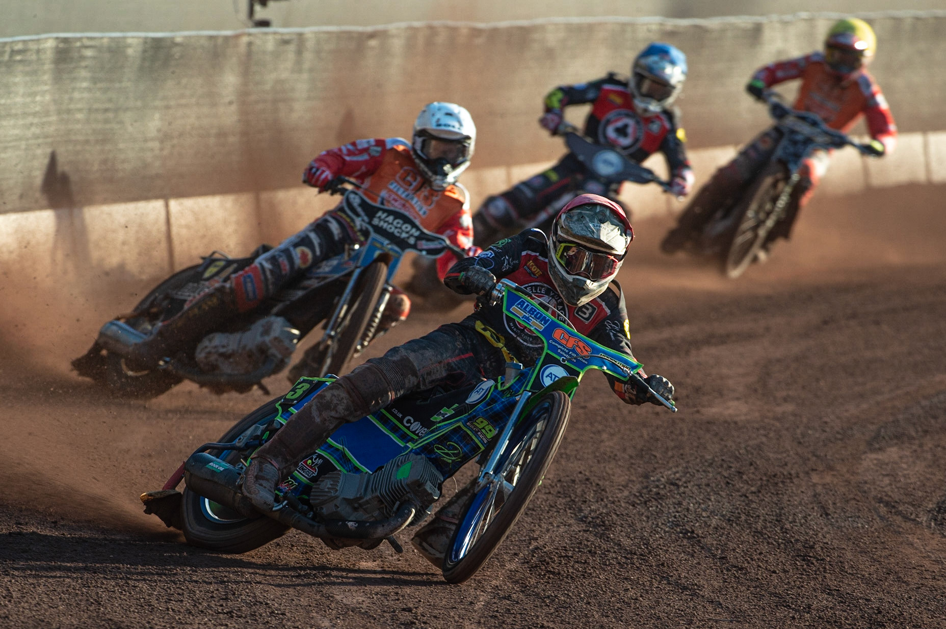 Photo: Ian Charles

Dan Bewley  (Red) leads Jason Doyle  (White) Steve Worrall  (Blue) and Dawid Lampard  (Yellow)

Belle Vue Aces v Swindon Robins, British Speedway Premiership, Belle Vue National Speedway Stadium, Manchester, Monday 20  May  2019