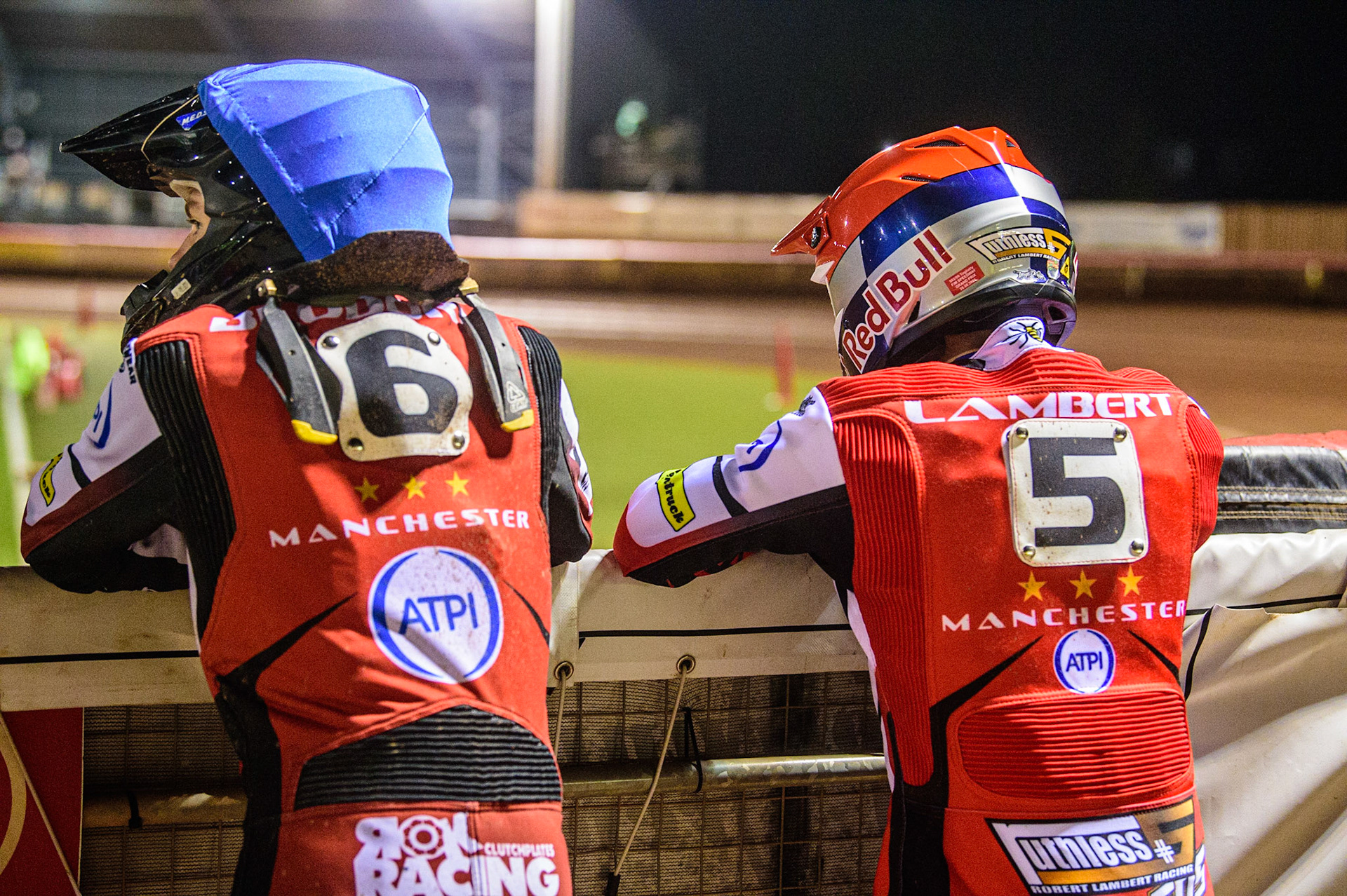 Norick Blodorn  (left) and Robert Lambert watch the track prep during the SGB Premiership Semi Final 2nd Leg between Belle Vue Aces and Ipswich Witches at the National Speedway Stadium, Manchester on Monday 3rd October 2022. (Credit: Ian Charles | MI News)