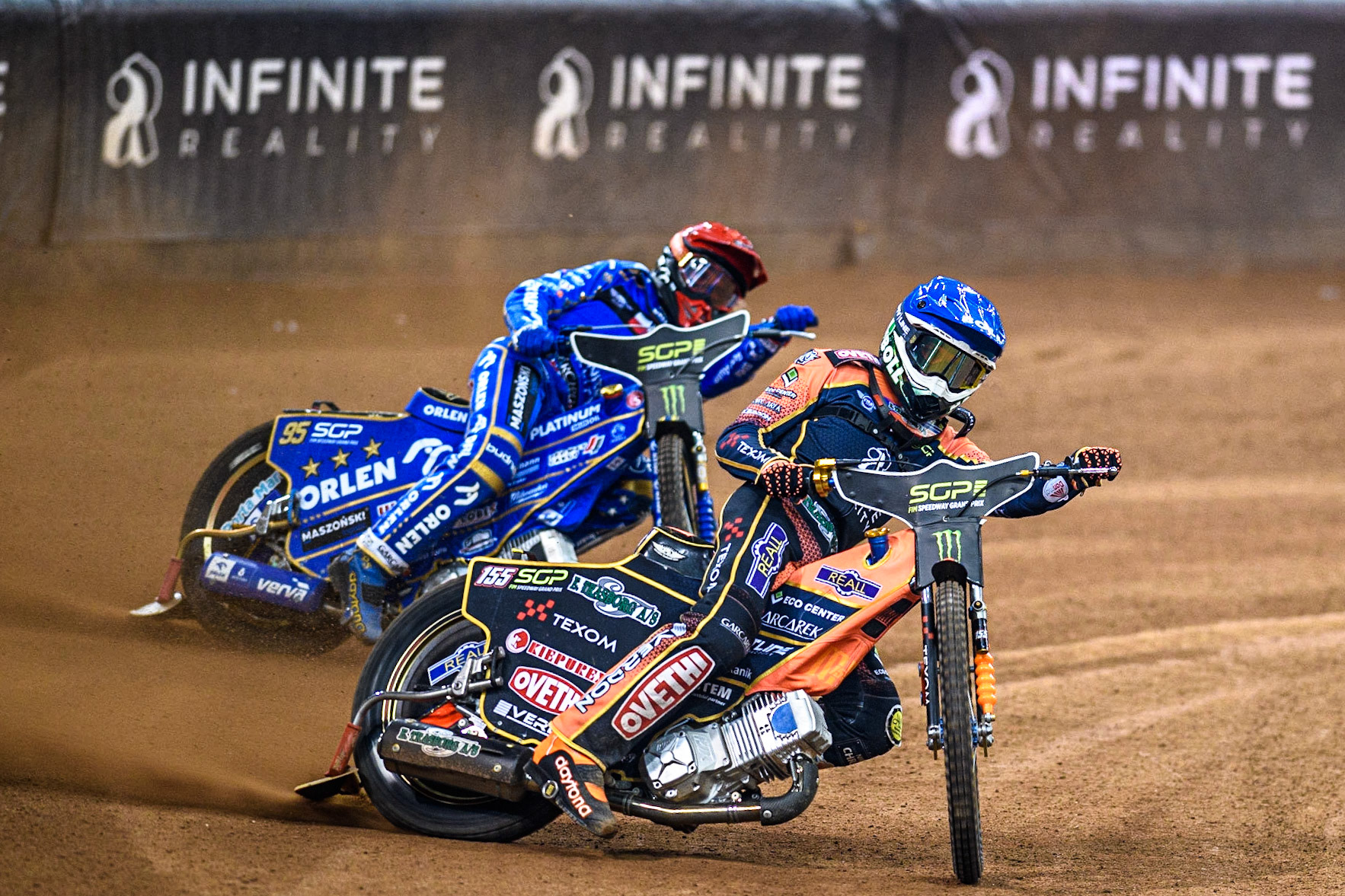 Mikkel Michelsen (155) (Blue) leads  Bartosz Zmarzlik (95) (Red) during the FIM Speedway Grand Prix of Great Britain at the Principality Stadium, Cardiff on Saturday 2nd September 2023. (Photo: Ian Charles | MI News)