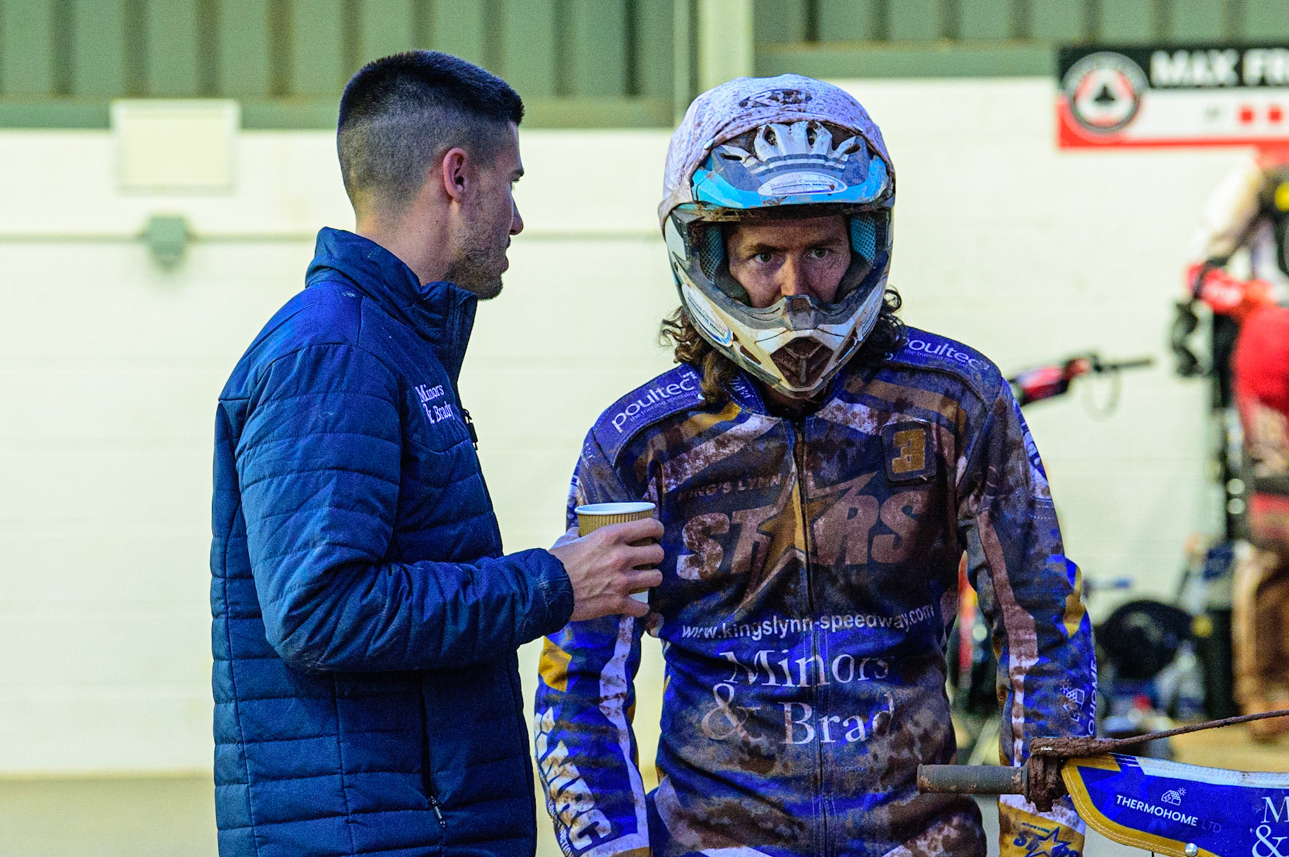 MANCHESTER, UK. MAY 16TH King’s Lynn Minors &amp; Brady Stars  team manager Alex Brady  (left) chats with Richard Lawson  during the SGB Premiership match between Belle Vue Aces and King's Lynn Stars at the National Speedway Stadium, Manchester on Monday 16th May 2022. (Credit: Ian Charles | MI News)