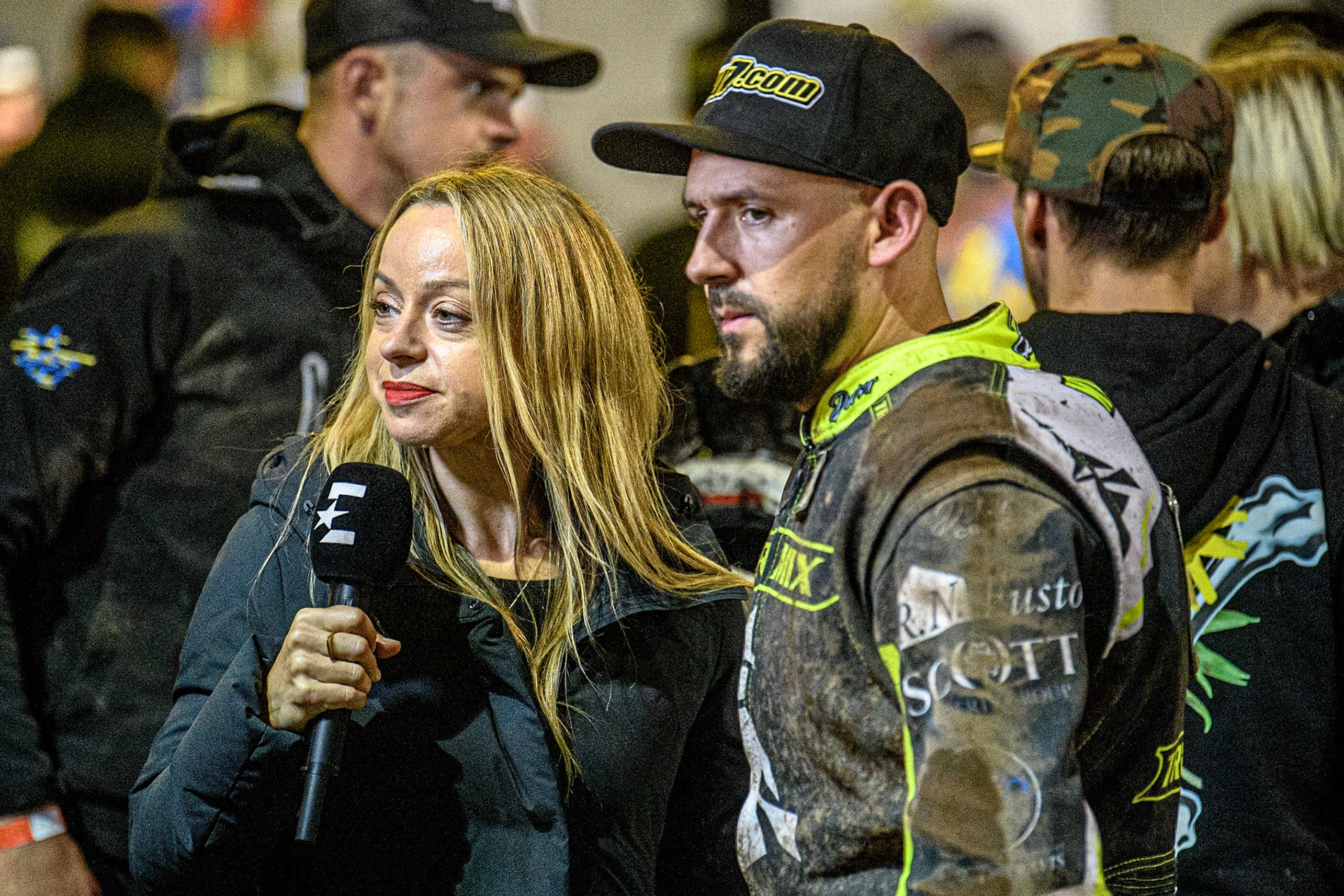 Abi Stephens (Left) interviews Danny King during the Sports Insure Premiership Grand Final Second Leg match between Sheffield Tigers and Ipswich Witches at Owlerton Stadium, Sheffield on Thursday 5th October 2023. (Photo: Ian Charles | MI News)