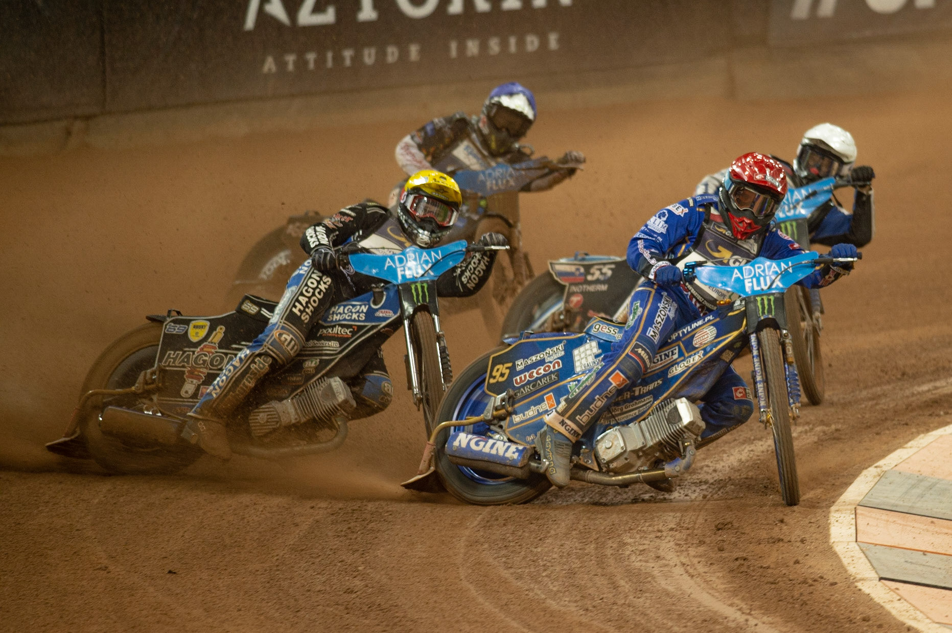 CARDIFF,WALES Bartoz Zmarzlik (Red) leads Jason Doyle (Yellow)  Matej Zagar (White) and Fredrik Lindgren (Blue) in Semi Final 2 during the ADRIAN FLUX BRITISH FIM SPEEDWAY GRAND PRIX at the Principality Stadium, Cardiff on Saturday 21st September 2019. (Credit: Ian Charles | MI News)