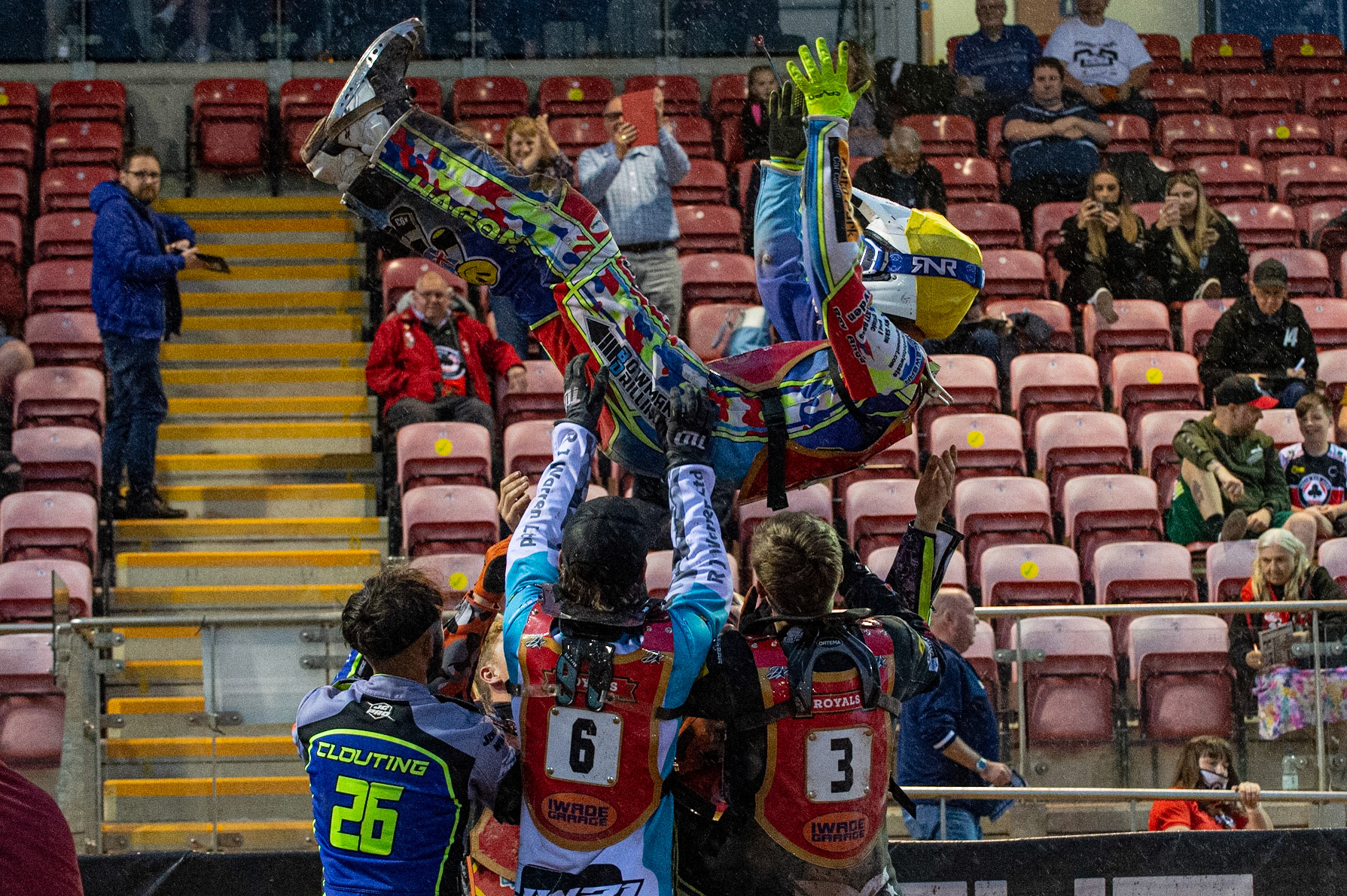 MANCHESTER, UK. JULY 2ND  Jake Mulford  gets the bumps from his team mates after scoring a maximum points during the National Development League match between Belle Vue Colts and Kent Royals at the National Speedway Stadium, Manchester on Friday 2nd July 2021. (Credit: Ian Charles | MI News)