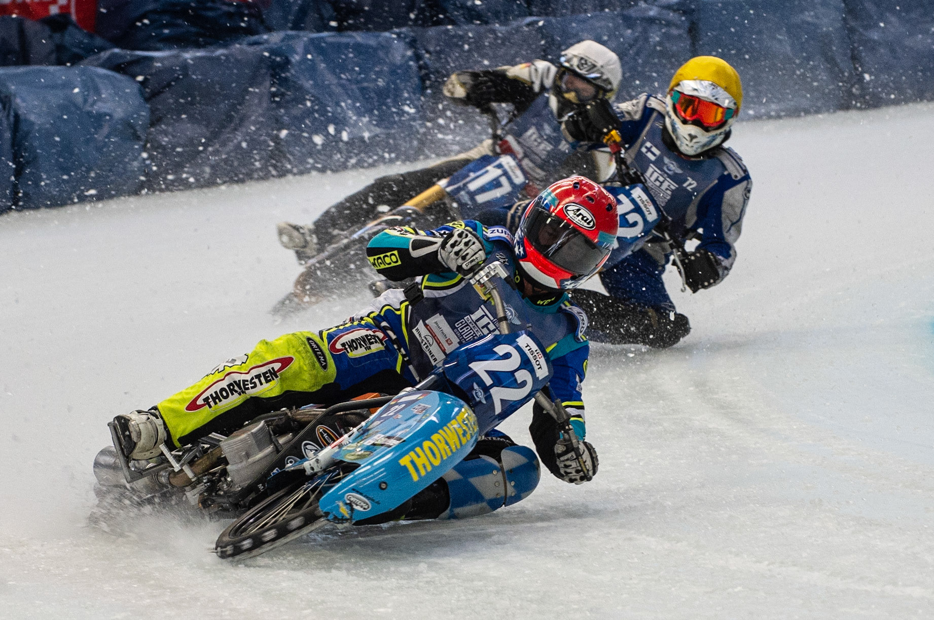 Photo: Ian Charles

Gunther Bauer (22) leads Tomi Tani (72) (Yellow) and Franz Mayerbüchler (17)

FIM Ice Speedway Gladiators World Championship, Event 4.2, Max-Aicher-Arena, Inzell, Germany, Sunday 17 March 2019
