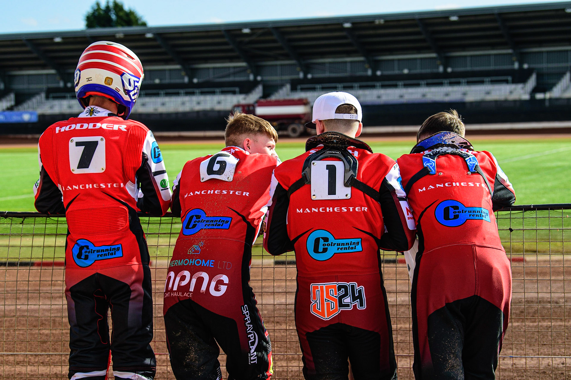 MANCHESTER, UK. MAR 14TH (l-r) Freddie Hodder, Archie Freeman, Jack Smith and Sam McGurk watch the track grade during the Belle Vue Speedway Media Day at the National Speedway Stadium, Manchester on Monday 14th March 2022. (Credit: Ian Charles | MI News)