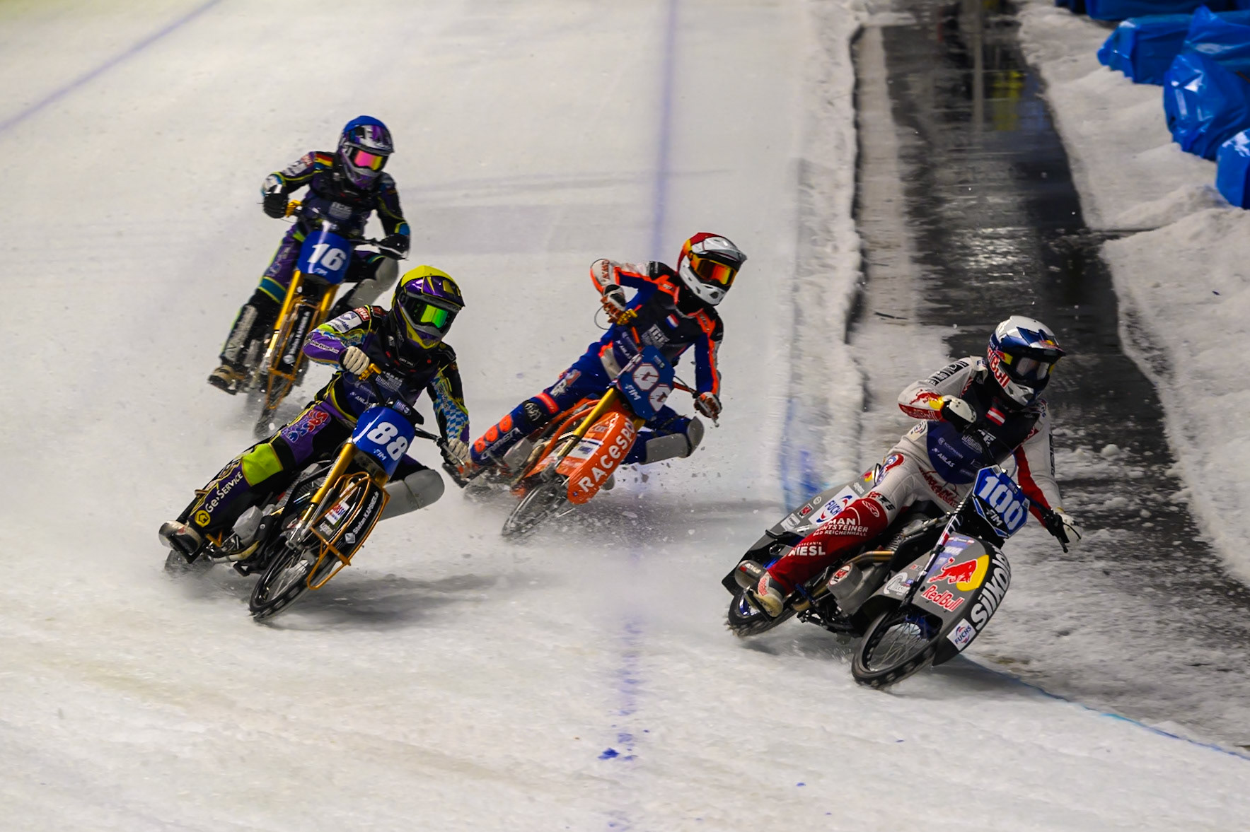 Franz Zorn (100) of Austria in White leadingMax Niedermaier (88) of Germany in Blue, Jasper Iwema (800) of The Netherlands in Red and Wild Card Maximillian Niedermaier of Germany in Blue during the Ice Speedway Gladiators World Championship Final 2 at Max-Aicher-Arena, Inzell on Sunday 15th March 2026. (Photo: Ian Charles | MI News)