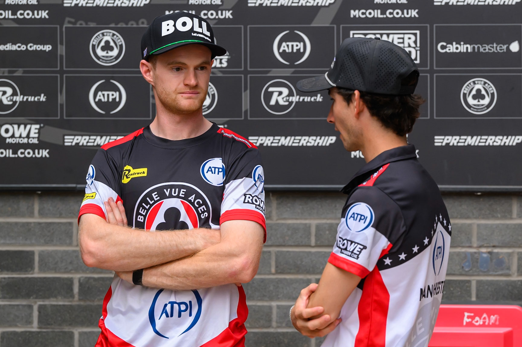Brady Kurtz of Belle Vue Aces (Left) chats with team mate Zach Cook of Belle Vue Aces during the Rowe Motor Oil Premiership match between Belle Vue Aces and Leicester Lions at the National Speedway Stadium, Manchester on Monday 3rd August 2026. (Photo: Ian Charles | MI News)