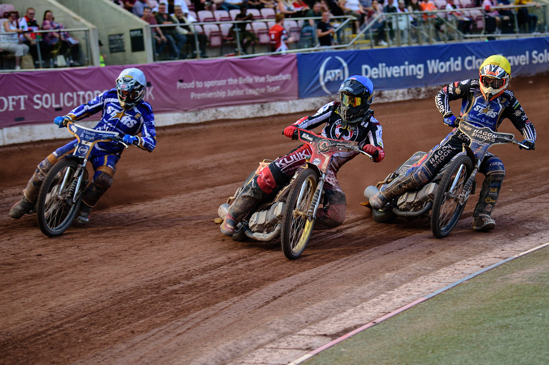 MANCHESTER UK  Norick Blodorn  (Blue) leads Richie Worrall  (White) and Jason Edwards  (Yellow) during the SGB Premiership match between Belle Vue Aces and King's Lynn Stars at the National Speedway Stadium, Manchester on Monday 11th July 2022. (Credit: Ian Charles | MI News)