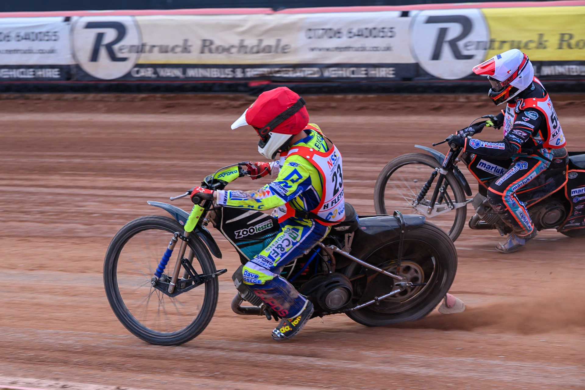 BRITISH YOUTH CHAMPIONSHIP (500cc): Harry Fletcher (23) in Red rides inside Casper Kluczniak (505) in White during the British Youth Speedway Championship at the National Speedway Stadium, Manchester on Sunday 10th May 2026. (Photo: Ian Charles | MI News)