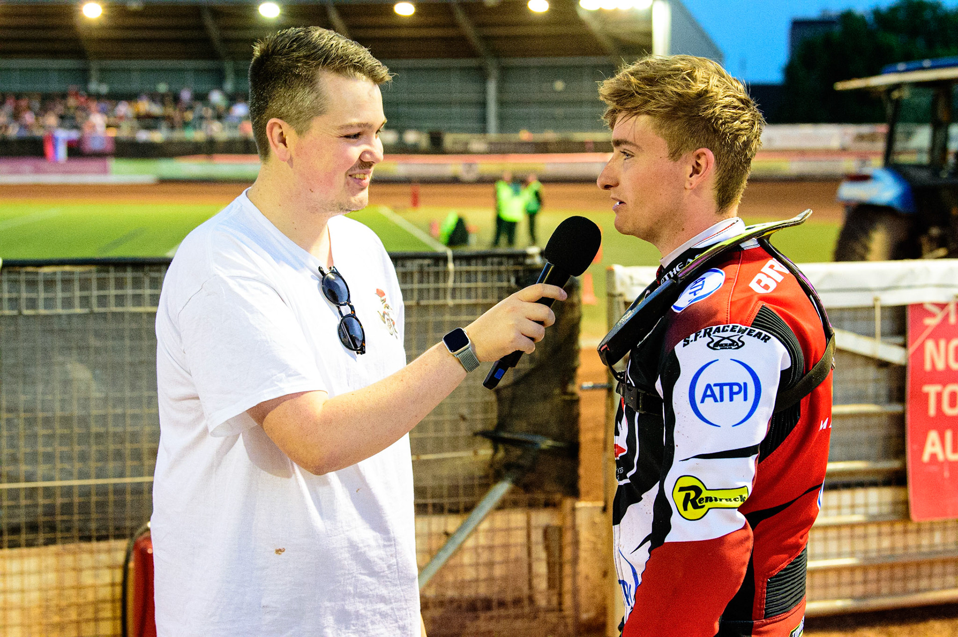 Tom Brennan  (right) is interviewed by Pits Interviewer Lee Wild during the SGB Premiership match between Belle Vue Aces and Ipswich Witches at the National Speedway Stadium, Manchester on Monday 8th August 2022. (Credit: Ian Charles | MI News)