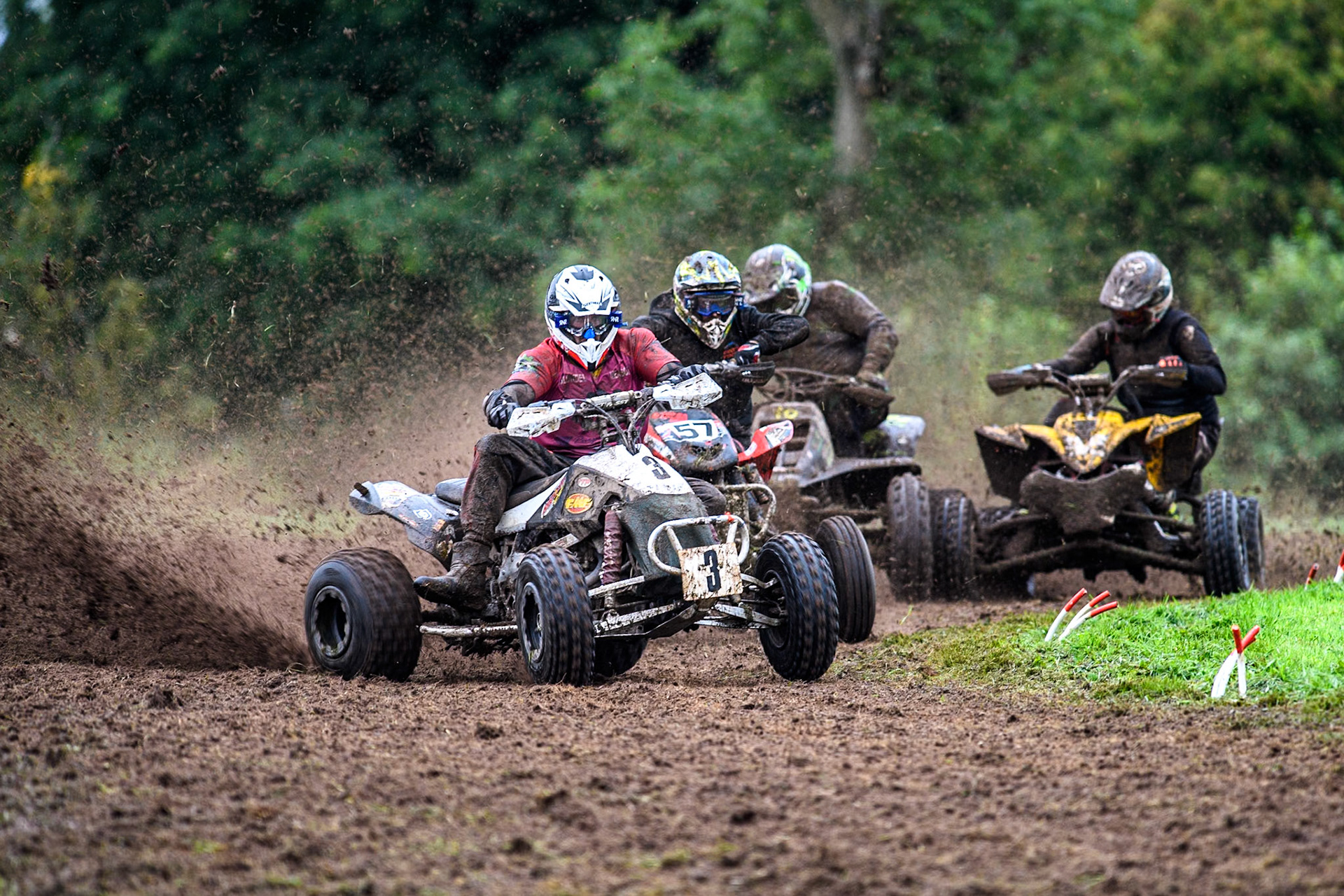 Dean Morford (3) leading Ethan Williams (57)  and others in the Quad Class during the ACU British Upright Championships at Woodhouse Lance, Gawsworth, Cheshire on Sunday 8th September 2024. (Photo: Ian Charles | MI News)