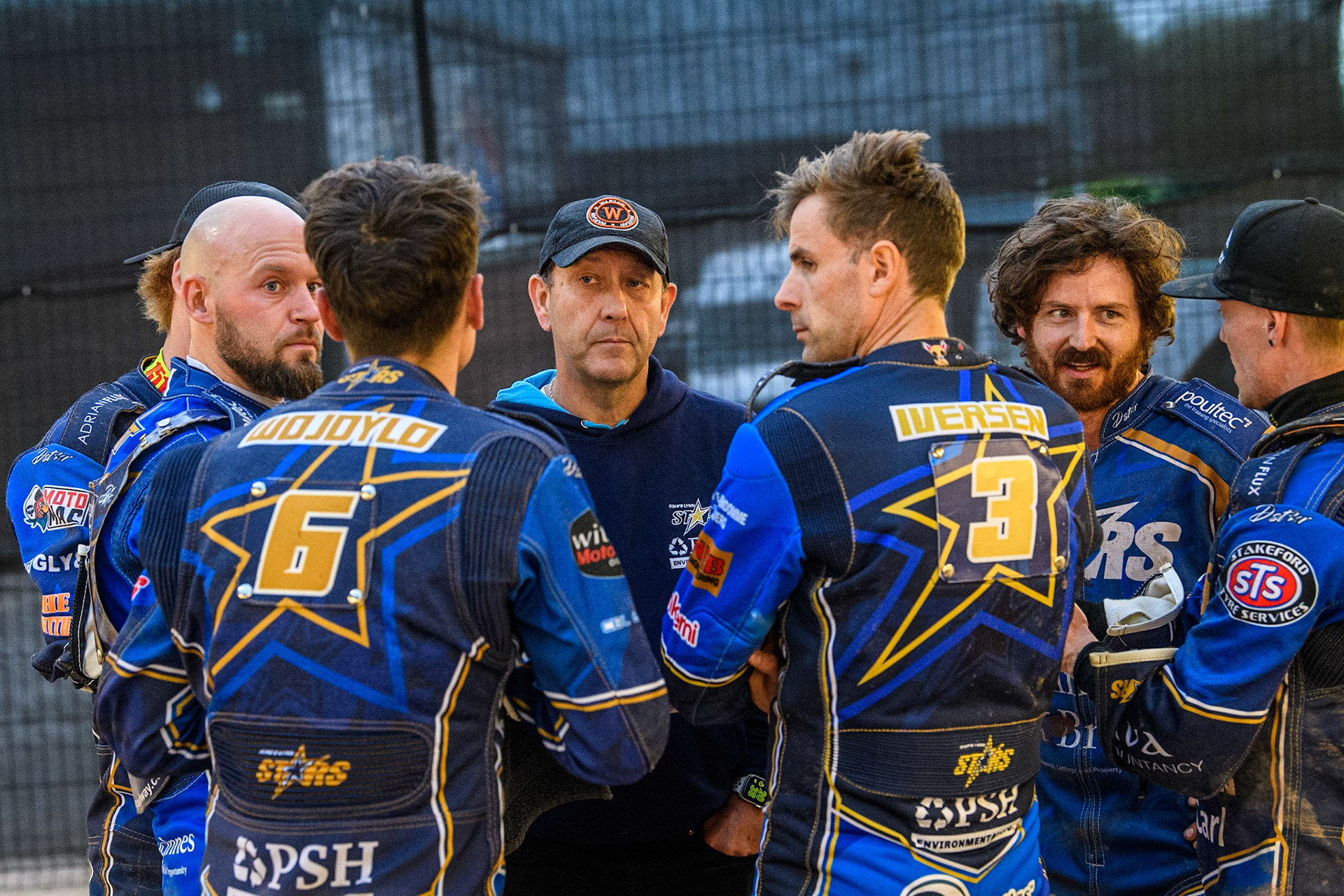 King’s Lynn PSH Environmental Stars team meeting at the interval during the Rowe Motor Oil Premiership match between Belle Vue Aces and King's Lynn Stars at the National Speedway Stadium, Manchester on Monday 20th May 2024. (Photo: Ian Charles | MI News)