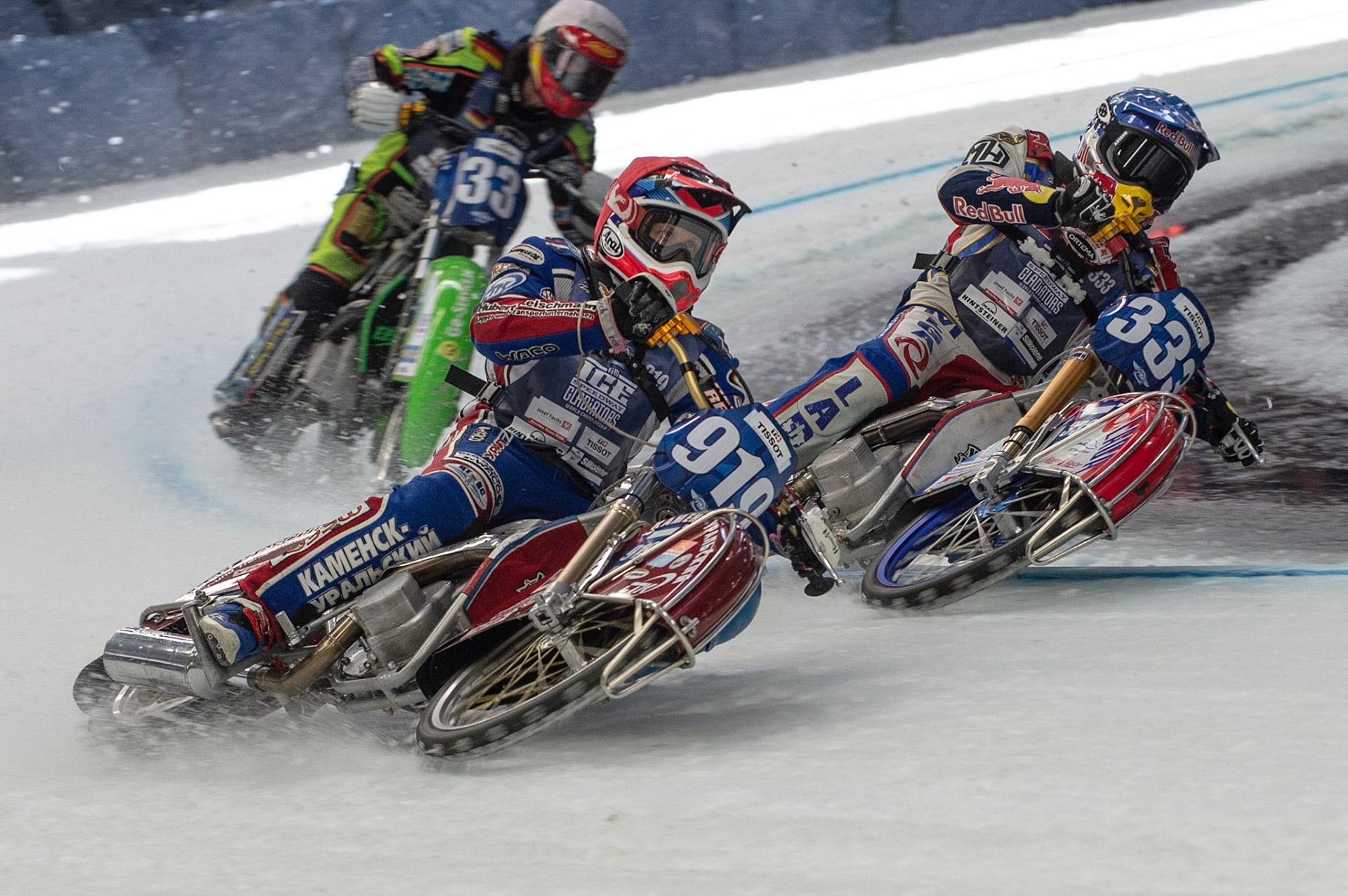 Photo: Ian Charles
 
Semi Final 2 with Dmitri Khomitsevich (919) leading Danil Ivanov (333) as Johann Weber (33) goes inside the blue line earning a disqualification, 

FIM Ice Speedway Gladiators World Championship, Event 4.2, Max-Aicher-Arena, Inzell, Germany, Sunday 17 March 2019